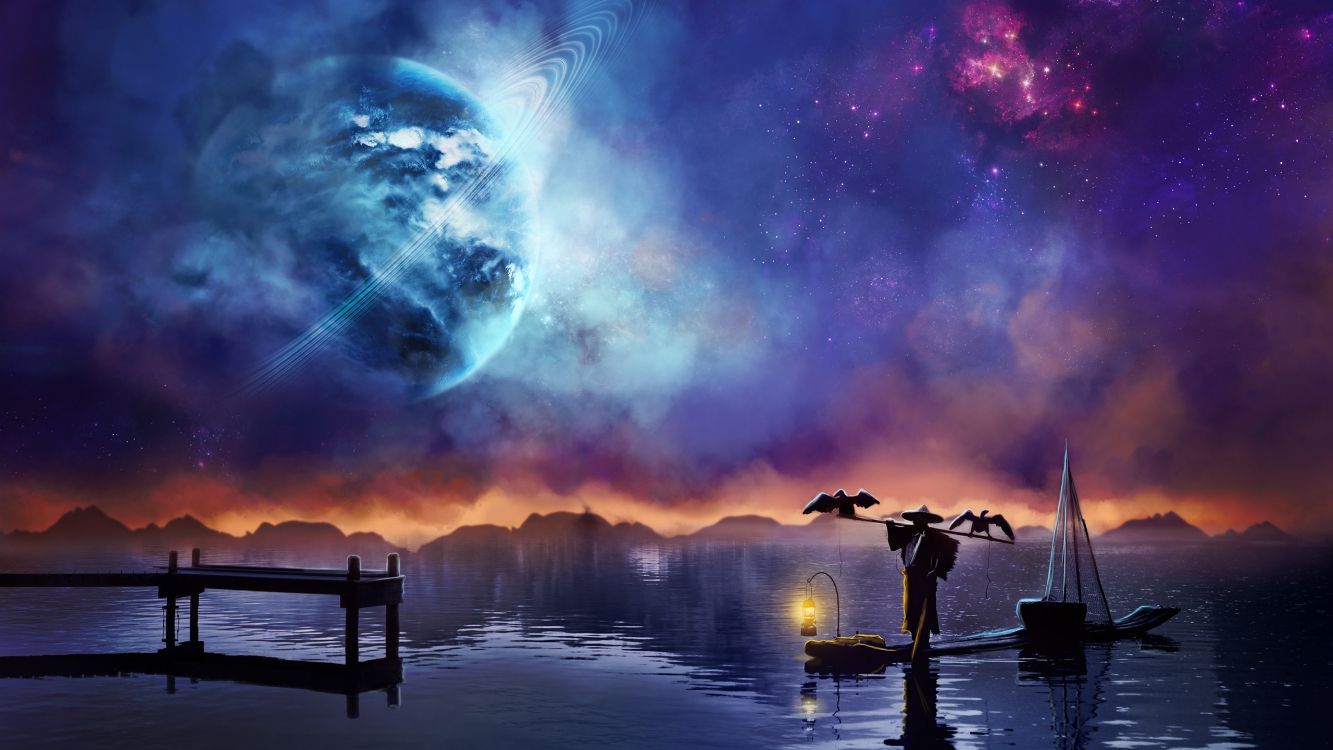 1333x750 Wallpaper 2 Men Standing on Dock Under Purple and Orange Sky, Background Free Image