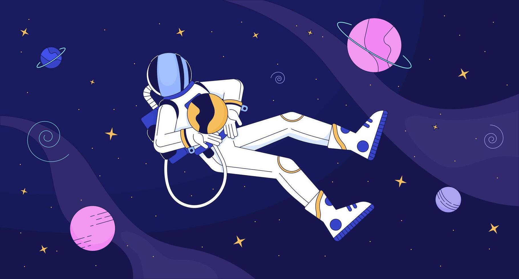 1820x980 Astronaut in outer space lofi wallpaper. Explorer in protective suit among celestial bodies 2D cartoon flat illustration. Cosmos depth discovering chill art, lo fi aesthetic colorful background
