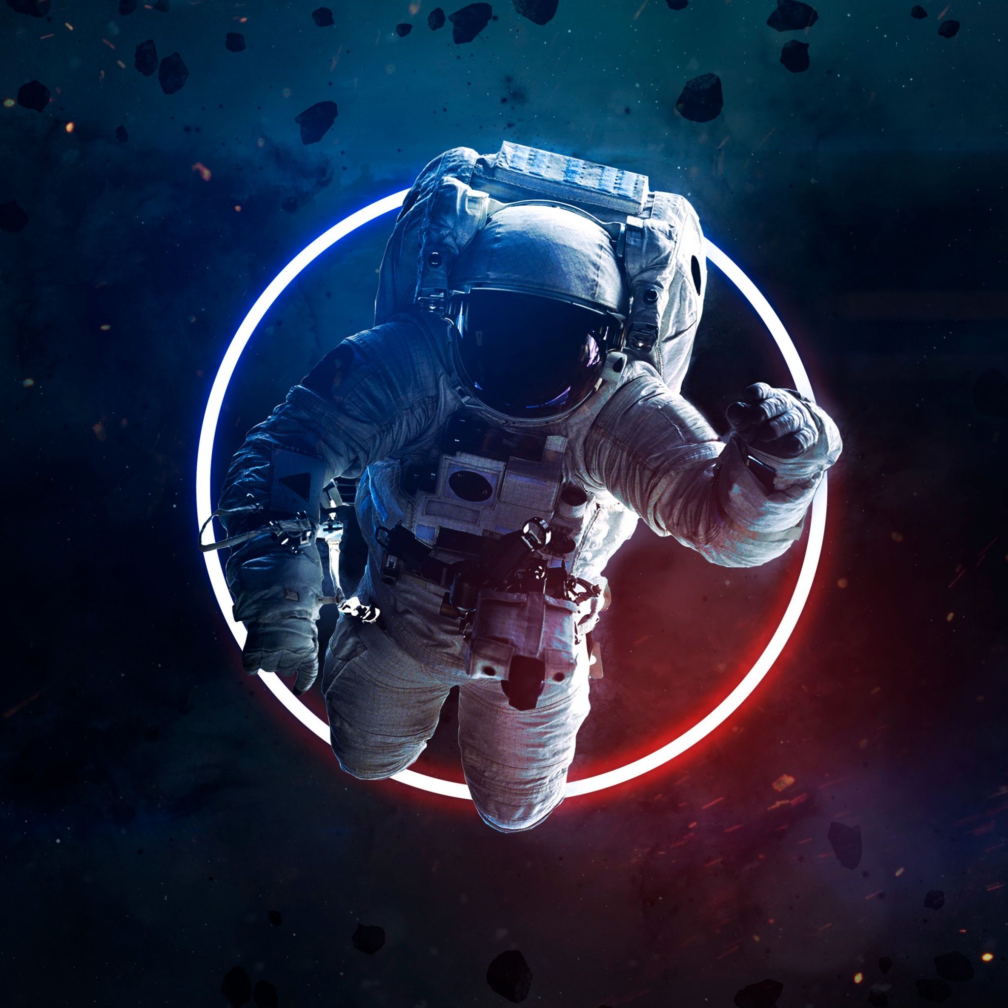 2048x2048 Astronaut Wallpaper 4K, Neon light, Asteroids, Space suit