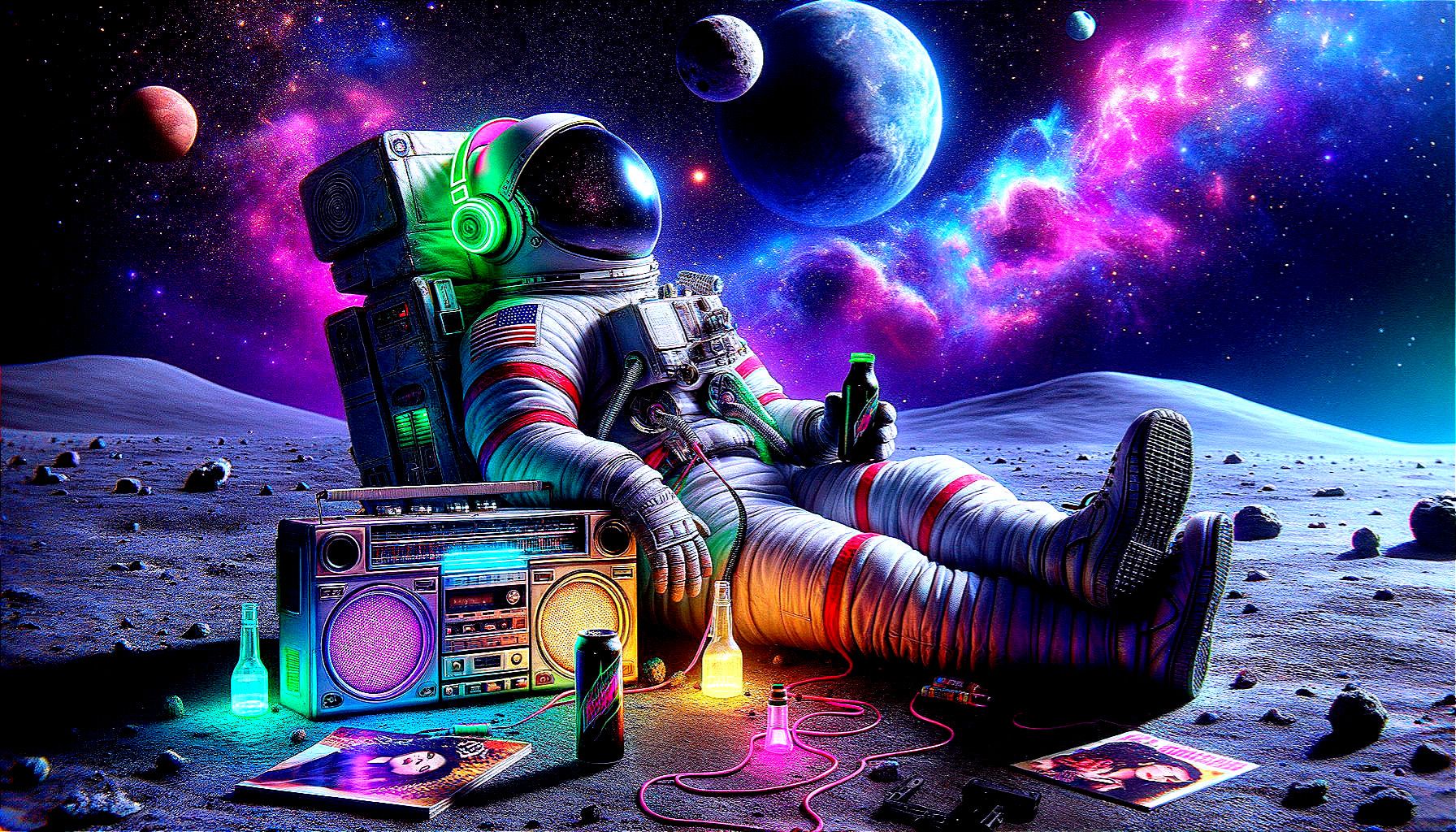 1792x1024 Astronaut Relaxing on Colorful Lunar Surface with Boombox. Deep Dream Generator