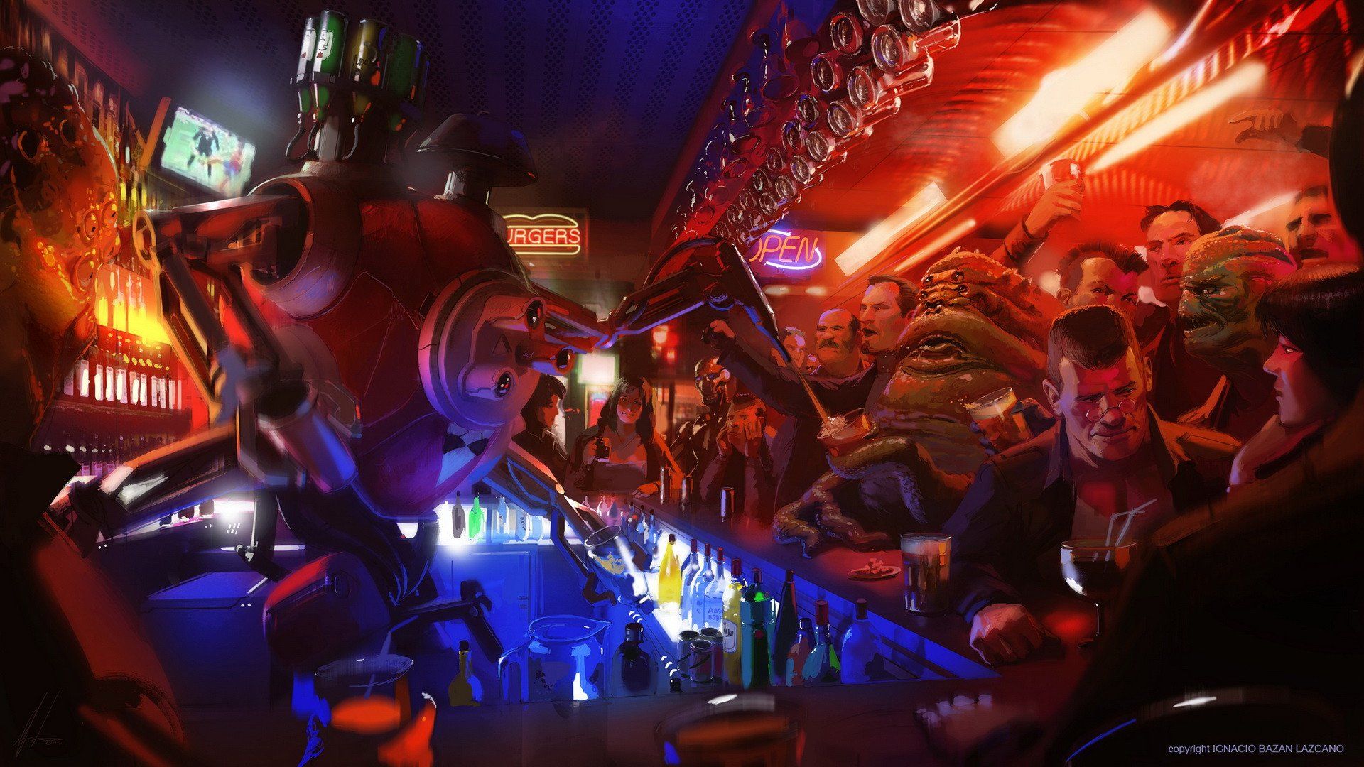 1920x1080 Futuristic Nightlife: Sci Fi Crew At The Neon Barx1080