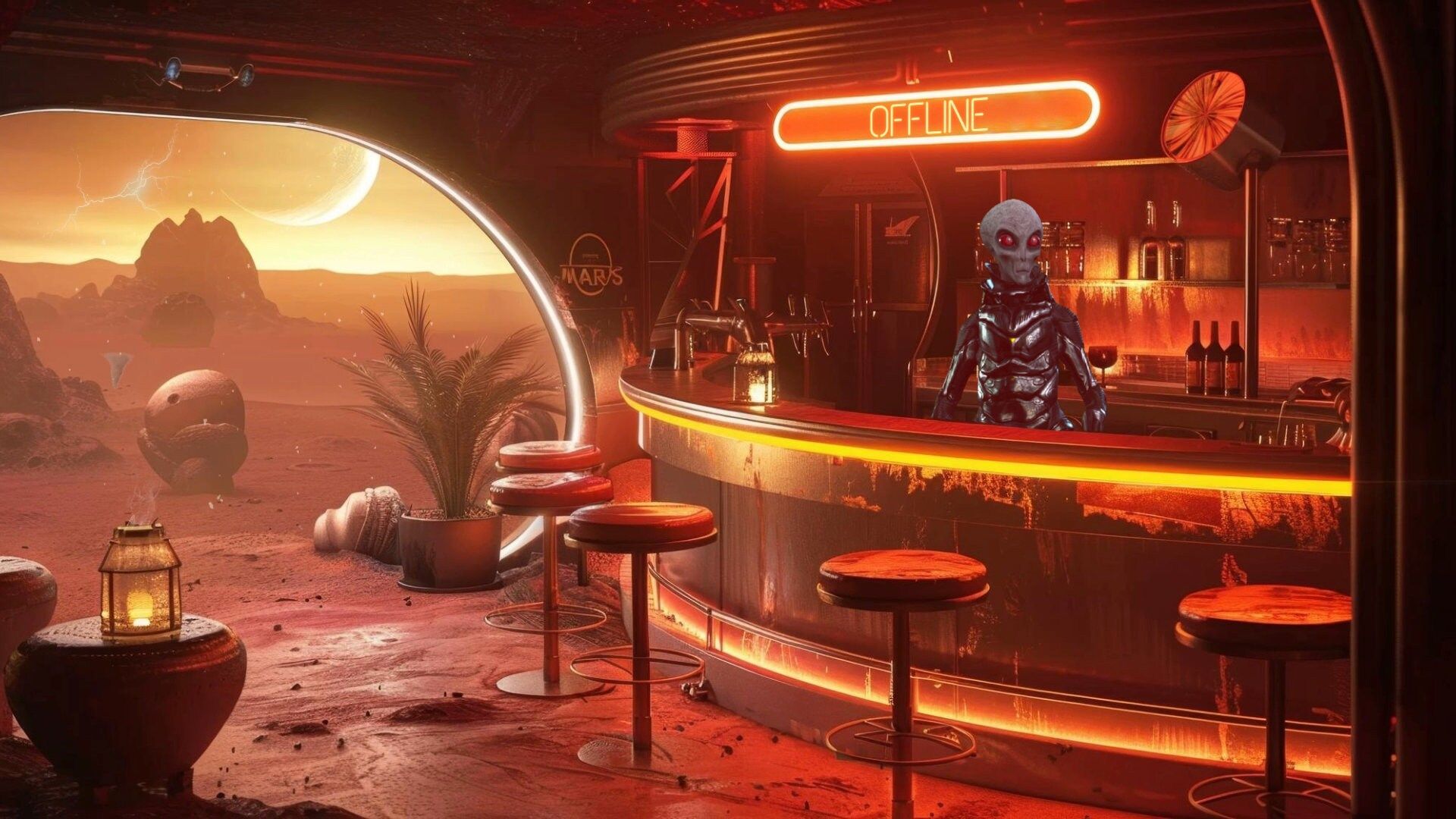 1920x1080 Alien Mars Cafe Animated Virtual Background Vtuber Twitch Streaming Moving Wallpaper Loop HD, Outer Space Sci Fi Bar Hangout, AI Art