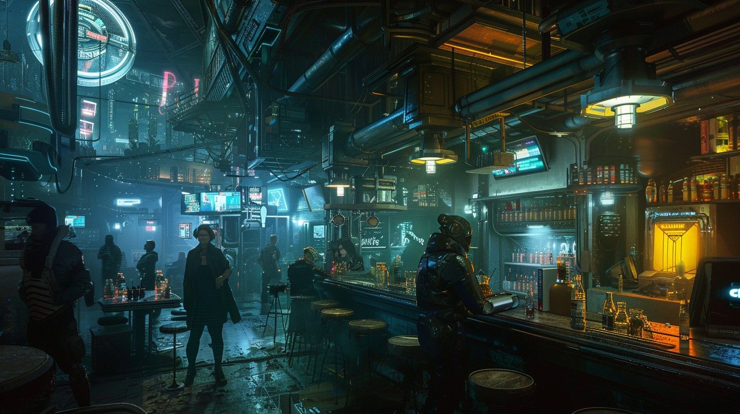 1456x816 Free Futuristic Cyber Bar Image, Cyberpunk, Bar