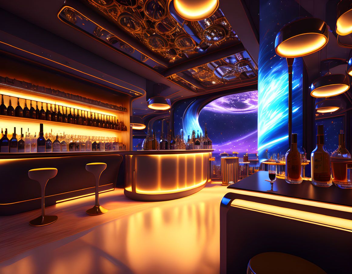 1161x903 Sleek futuristic bar with orange lighting and space view. Deep Dream Generator