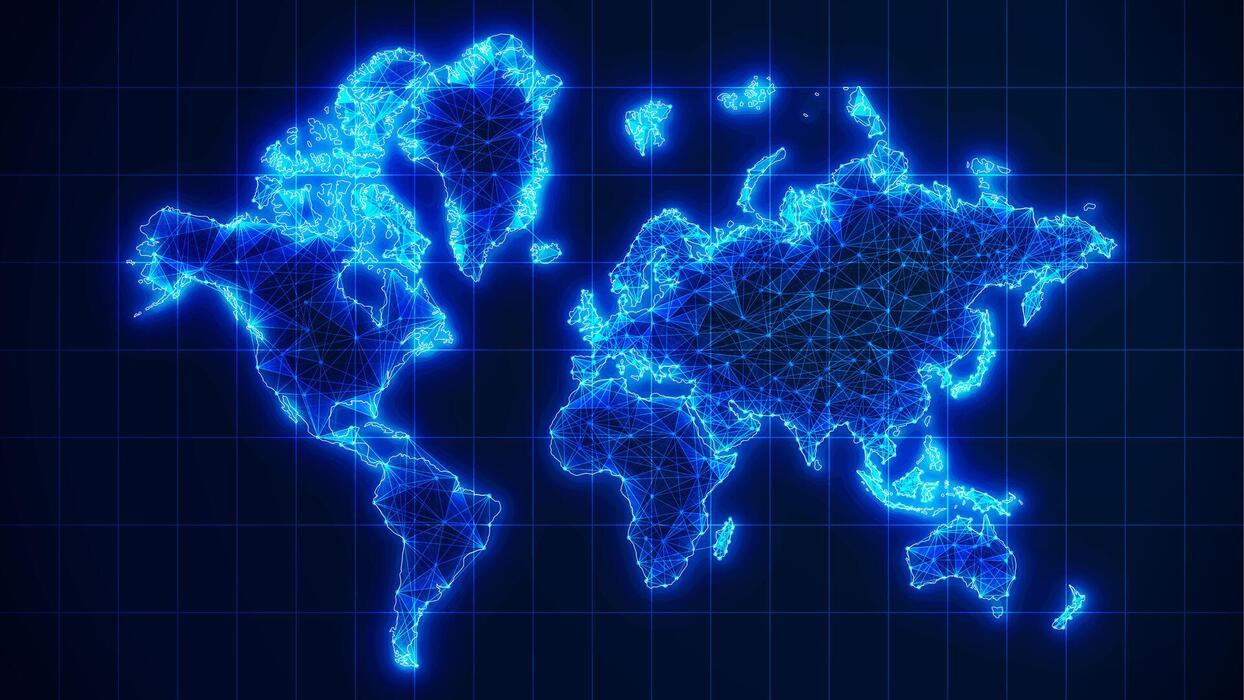 1244x700 Futuristic glowing world map network connection. 3D blue earth map background with plexus lines. Digital network for business concept. Big data stream technology, world data analytics background