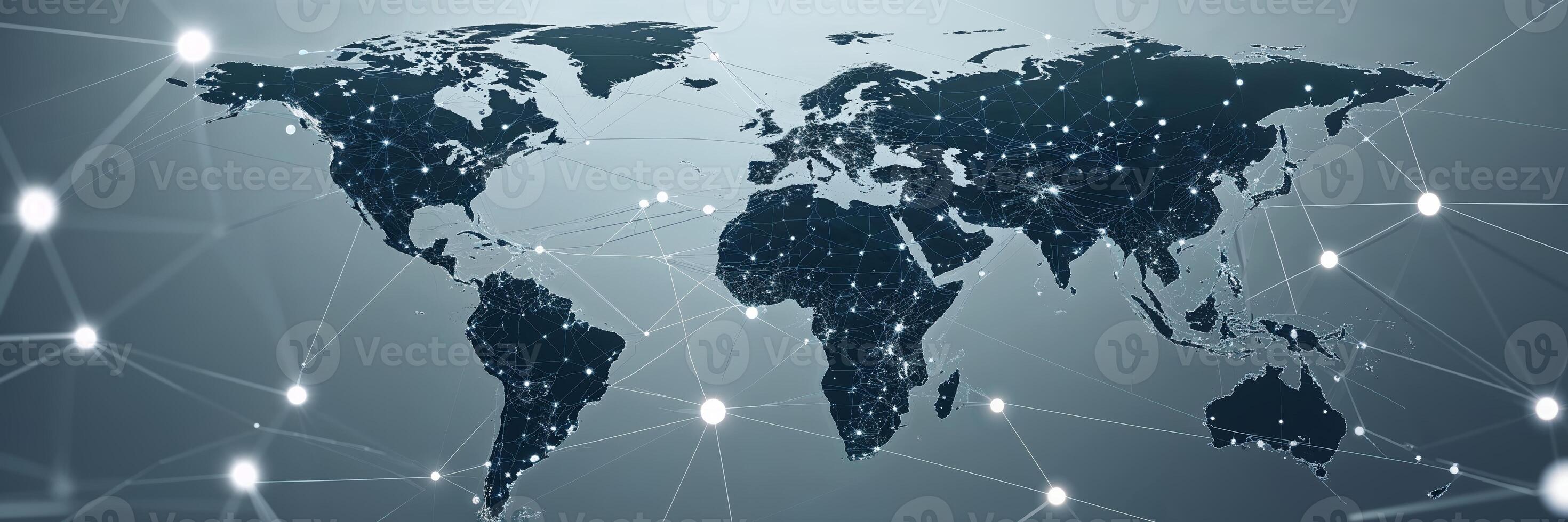 2940x980 Global network connections visualized through a dark world map with glowing nodes and lines representing data flow