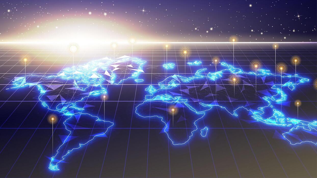 1244x700 Futuristic glowing world map network connection. Blue earth map hologram display with a straight pin. Digital neural network concept, 3D big data stream technology, world data analytics background 25751359 Vector Art