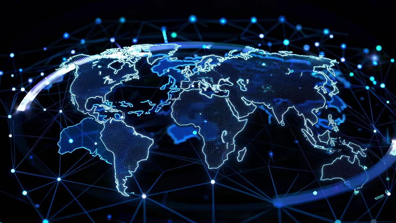 1280x720 Futuristic video concept of a digital world map with glowing blue lines and nodes