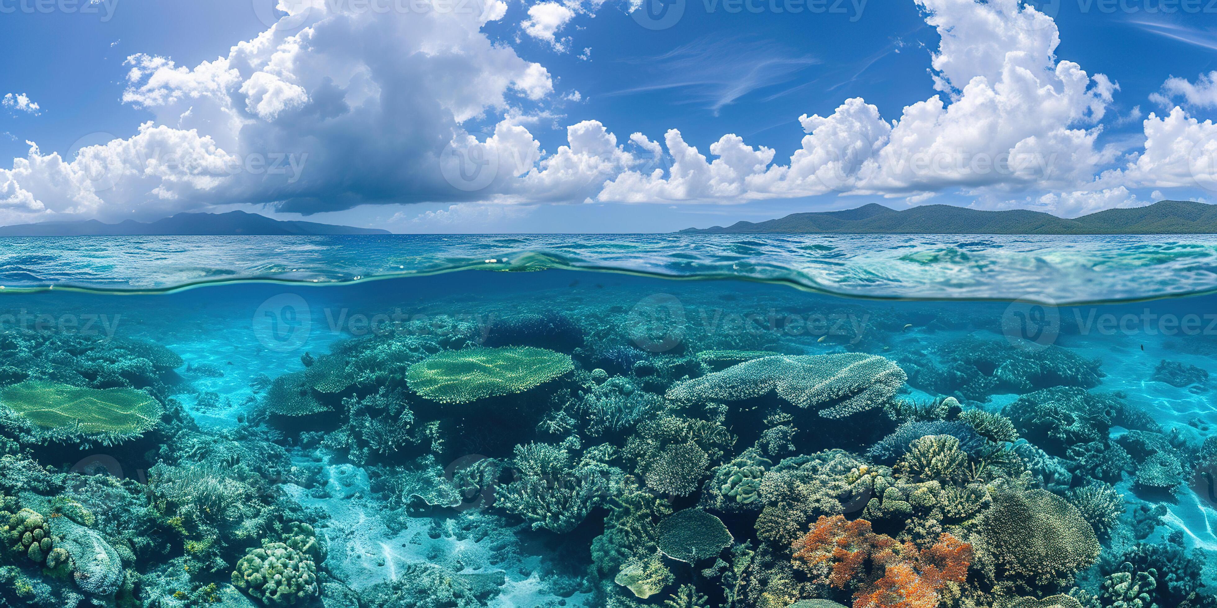 3920x1960 AI generated Great Barrier Reef on the coast of Queensland, Australia seascape. Coral sea marine ecosystem underwater split view with a blue daylight sky wallpaper background