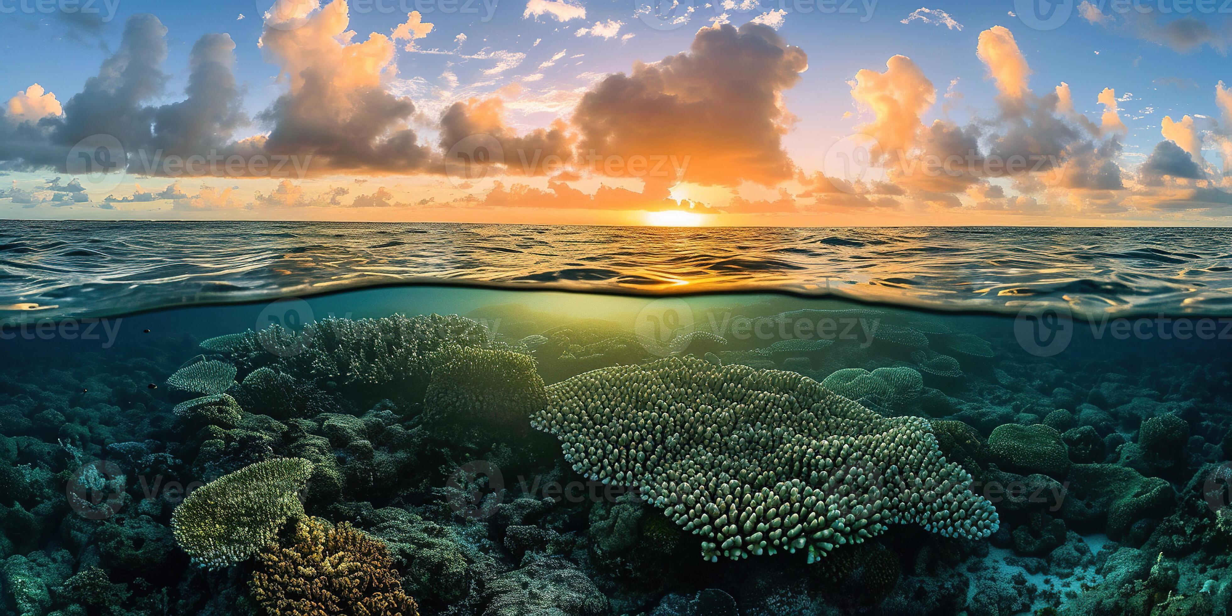 3920x1960 AI generated Great Barrier Reef on the coast of Queensland, Australia seascape. Coral marine ecosystem underwater split view, golden hour sunset evening sky wallpaper background