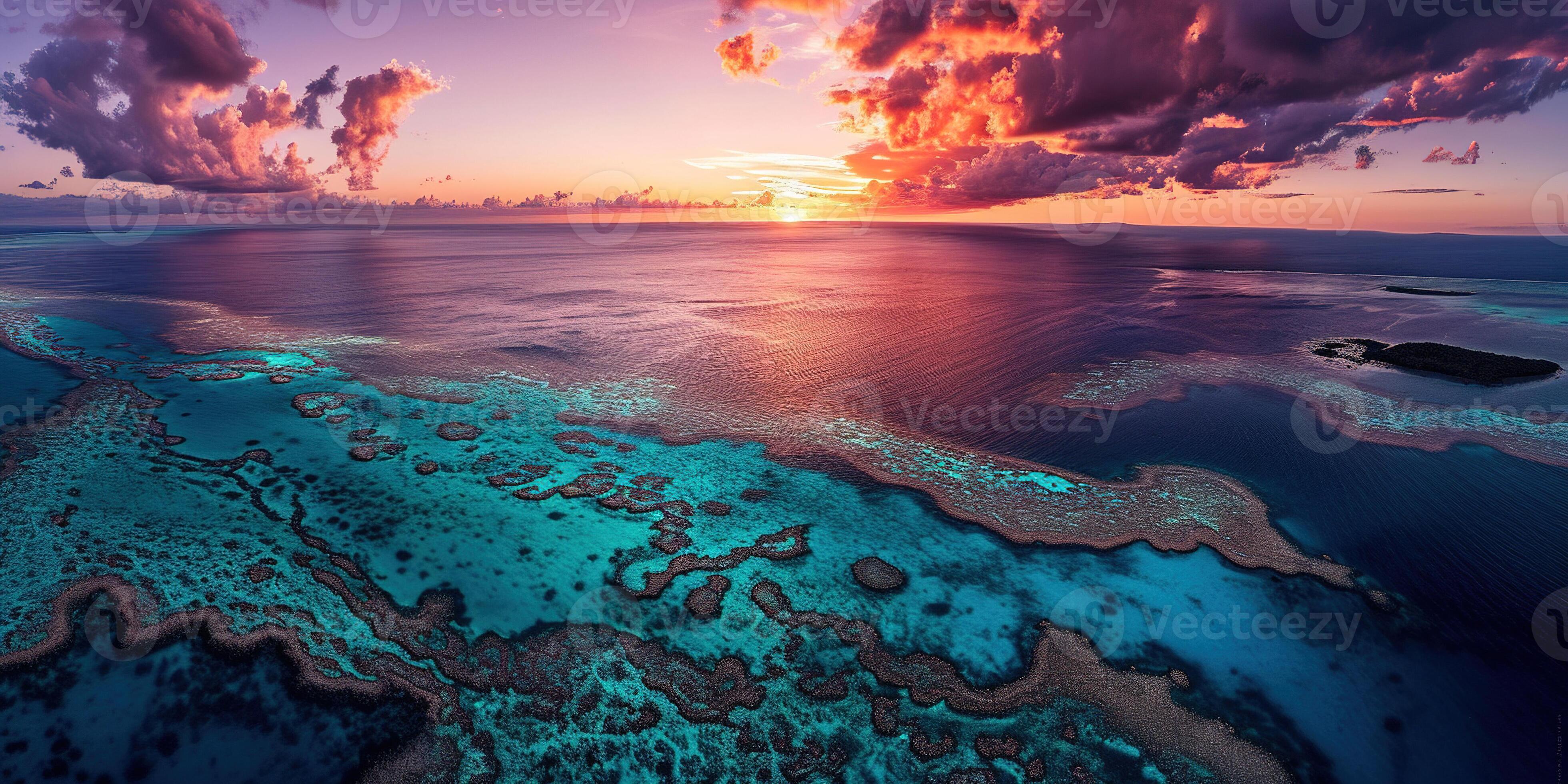 3920x1960 AI generated Great Barrier Reef on the coast of Queensland, Australia seascape. Coral sea marine ecosystem wallpaper background at sunset, with an orange purple sky in the evening golden hour 38999281 Stock