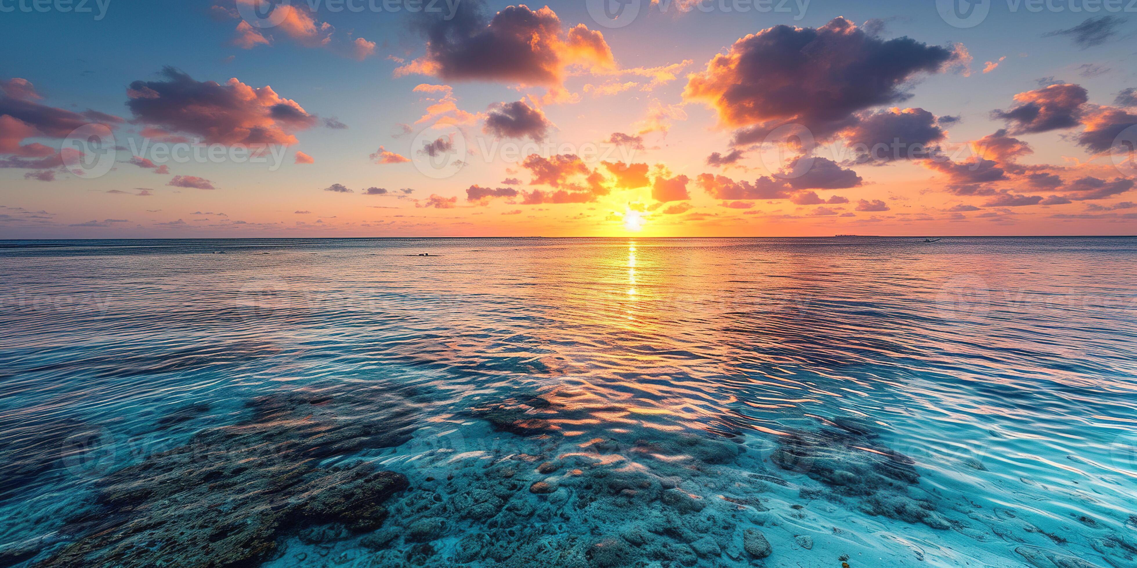 3920x1960 AI generated Great Barrier Reef on the coast of Queensland, Australia seascape. Coral sea marine ecosystem wallpaper background at sunset, with an orange purple sky in the evening golden hour 38997273 Stock