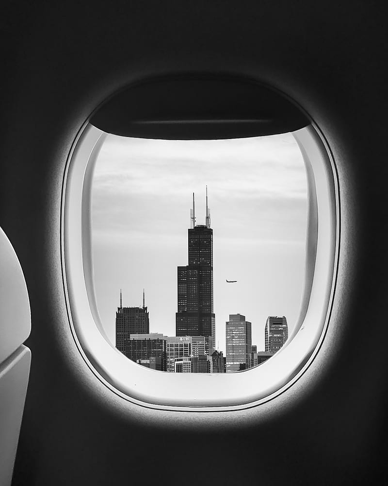 800x1000 Airplane window, skyscrapers, monochrome, chicago, City, HD phone wallpaper