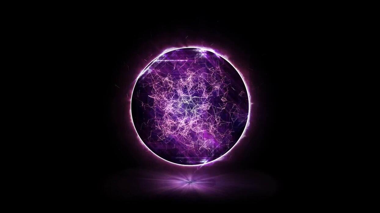 1244x700 Purple energy orb background animation. 3D abstract energy sphere ball on dark background. Nuclear energy, Big Bang, Supernova. Science, technology, innovations, Universe