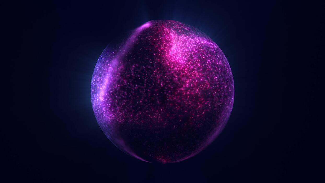 1244x700 Abstract glowing sphere, energy ball shines brightly with rays of light, magic waves from particles and dots, abstract atomic science background, seamless loop