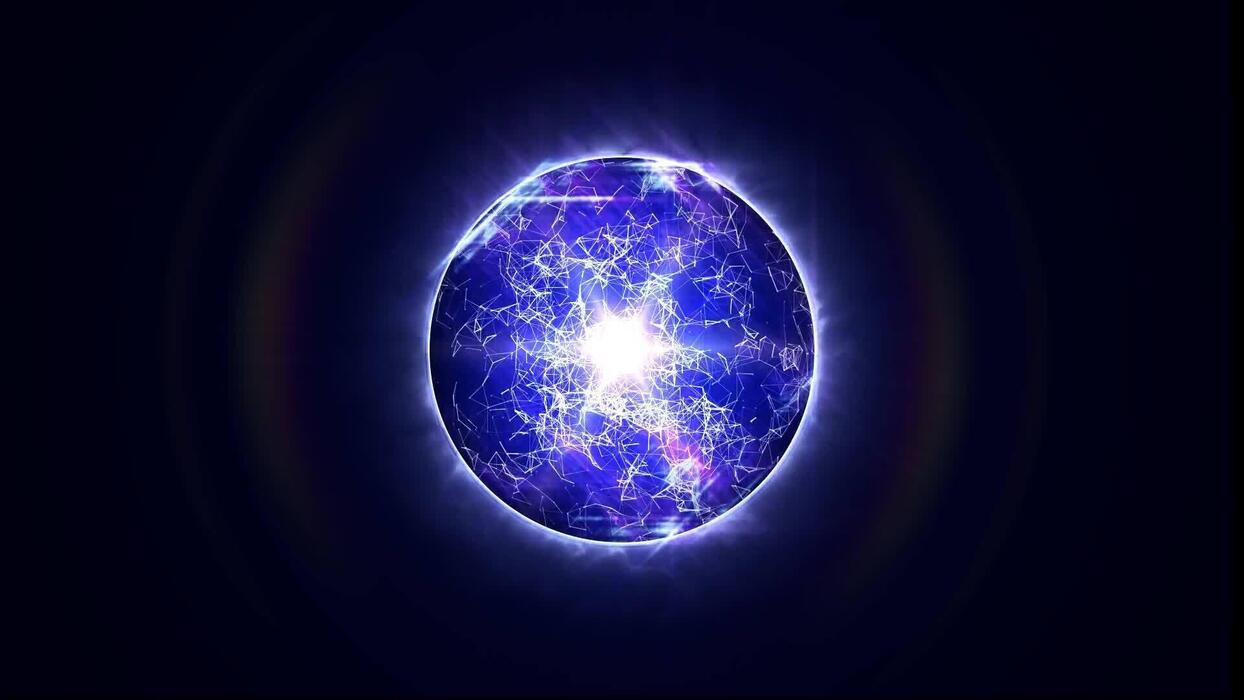 1244x700 3D glowing cosmic sphere animation in the Universe. Animated 3D sphere made of shining particles and energy rays. Rotating technology sphere. Matrix, artificial intelligence, technology science