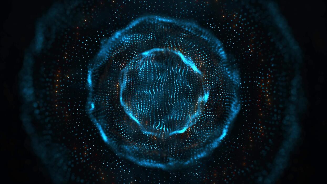 1244x700 Abstract glowing sphere, energy ball shines brightly with rays of light, magic waves from particles and dots, atomic science abstract background, seamless loop