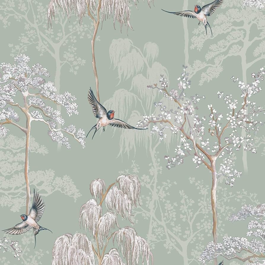894x894 World of Wallpaper Japanese Garden Inspired Oriental Asian Themed Wallpaper for Living Room and Bedroom Cherry Blossom Trees and Oriental Birds Green 946102