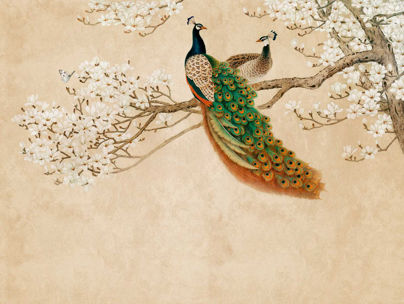 1600x1207 Motif wallpaper cherry blossoms and peacock in Asian style
