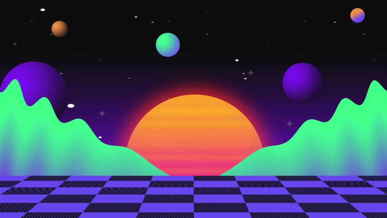 1244x700 Vaporwave retrofuturistic checkered floor with sun and planets synthwave looping background animation