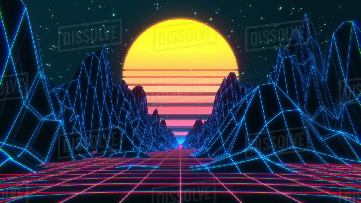 1200x675 80s Retro Futuristic Sci Fi Background. Retrowave VJ Videogame Landscape With Neon Lights And Low Poly Terrain. Stylized Vintage Cyberpunk 3D Illustration With Mountains, Sun And Glowing Stars. 4K Free