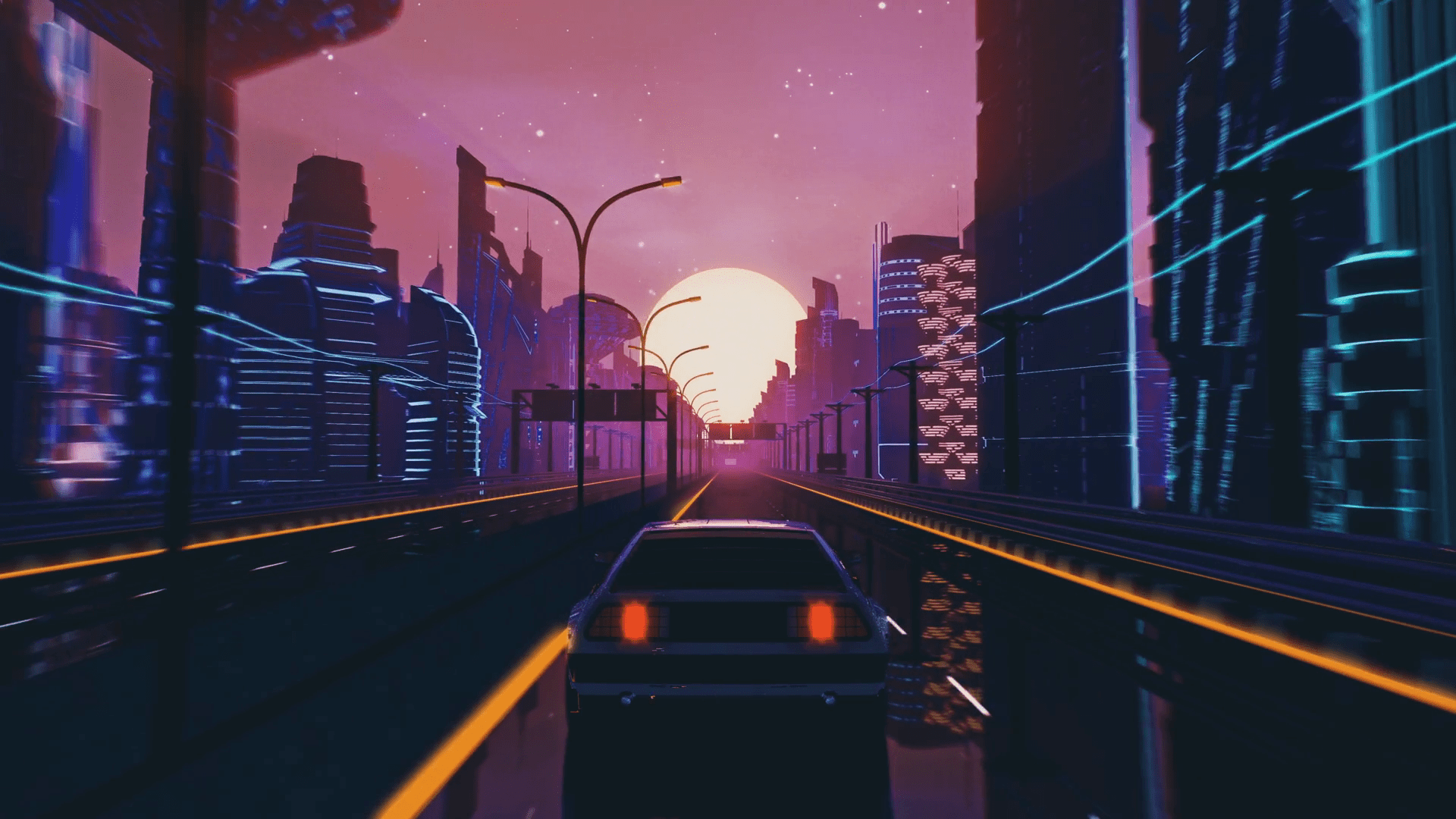 1920x1080 Retro Futuristic 80s Style Drive In Neon City. Seamless Loop Of Cyberpunk Sunset Landscape With A Moving Car On A Highway Road. VJ Synthwave Looping 3D Animation For Music Video. 4K Stylized Vintage