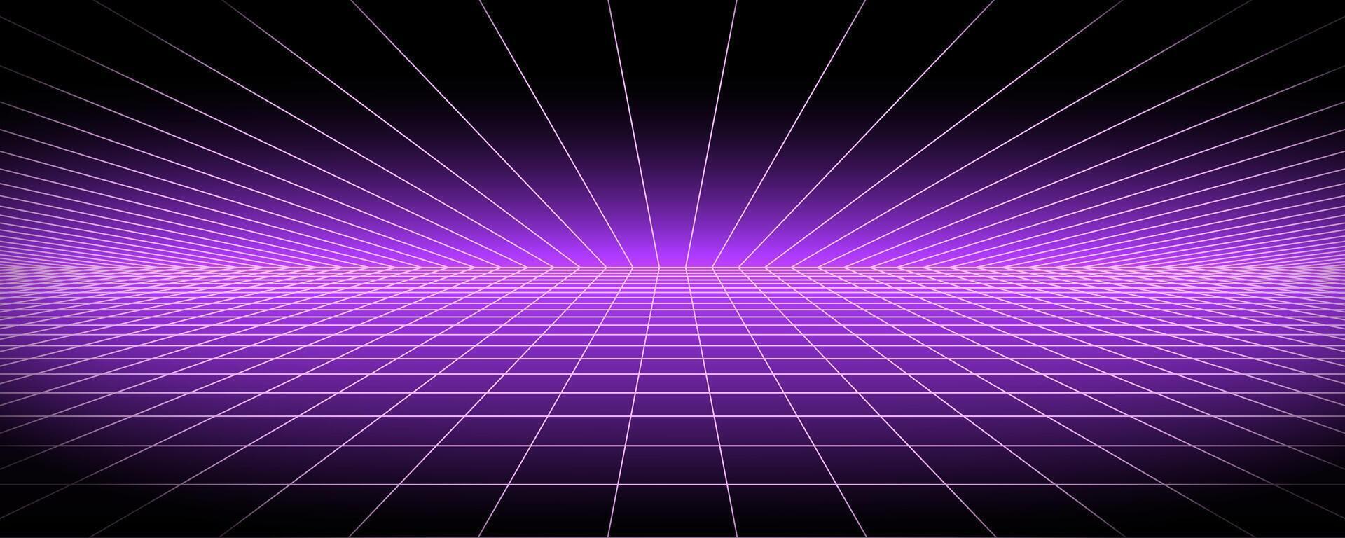 1920x768 Glowing neon purple wireframe background. Shining checkered grid planes in perspective. Bright retro futuristic horizon wallpaper. Arcade game sci fi matrix surface. Backdrop for poster, banner