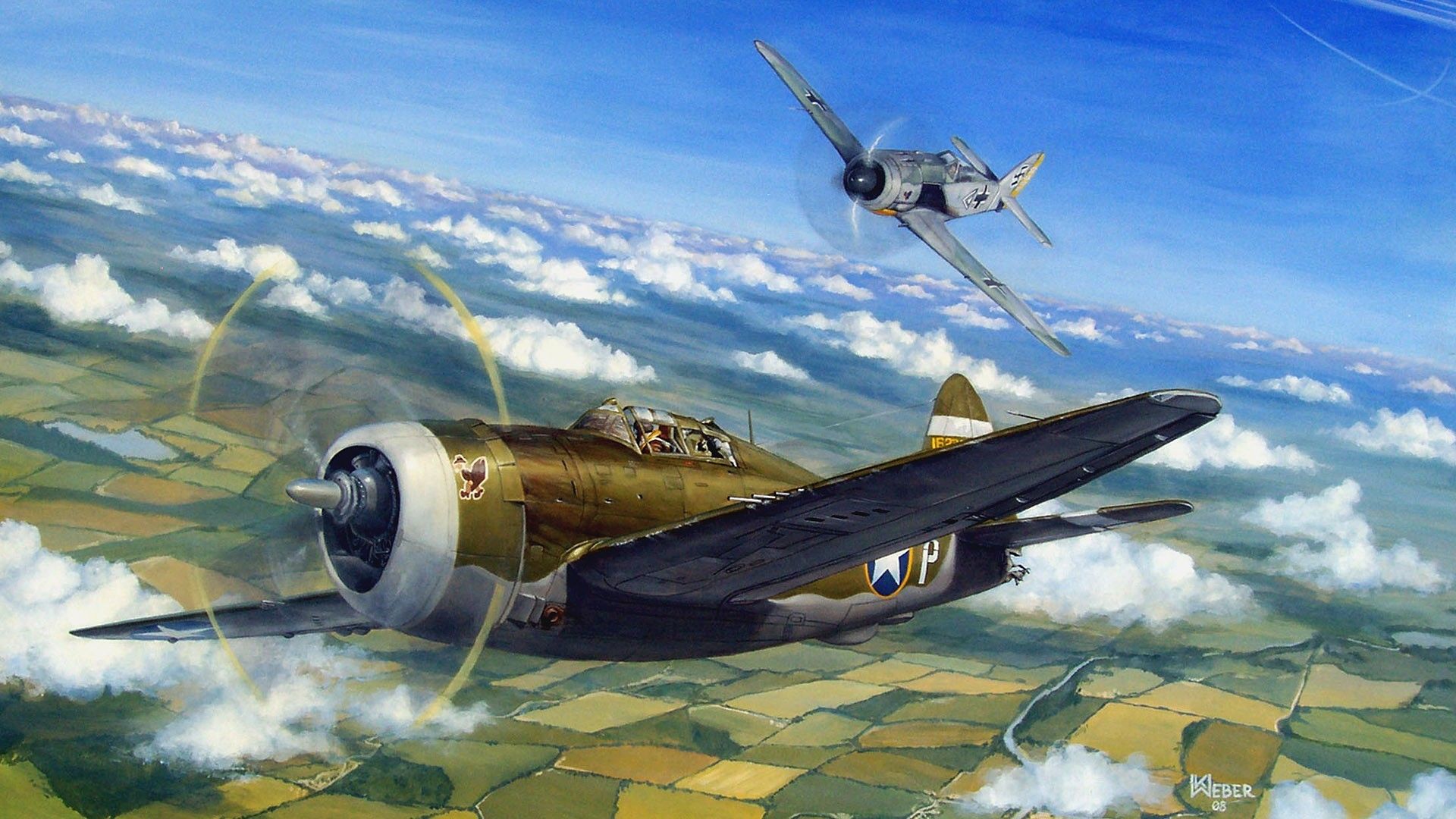 1920x1080 Wallpaper aircraft, war, art, airplane, painting, aviation, drawing, WW2 for mobile and desktop, section авиация, resolution 1920x1080