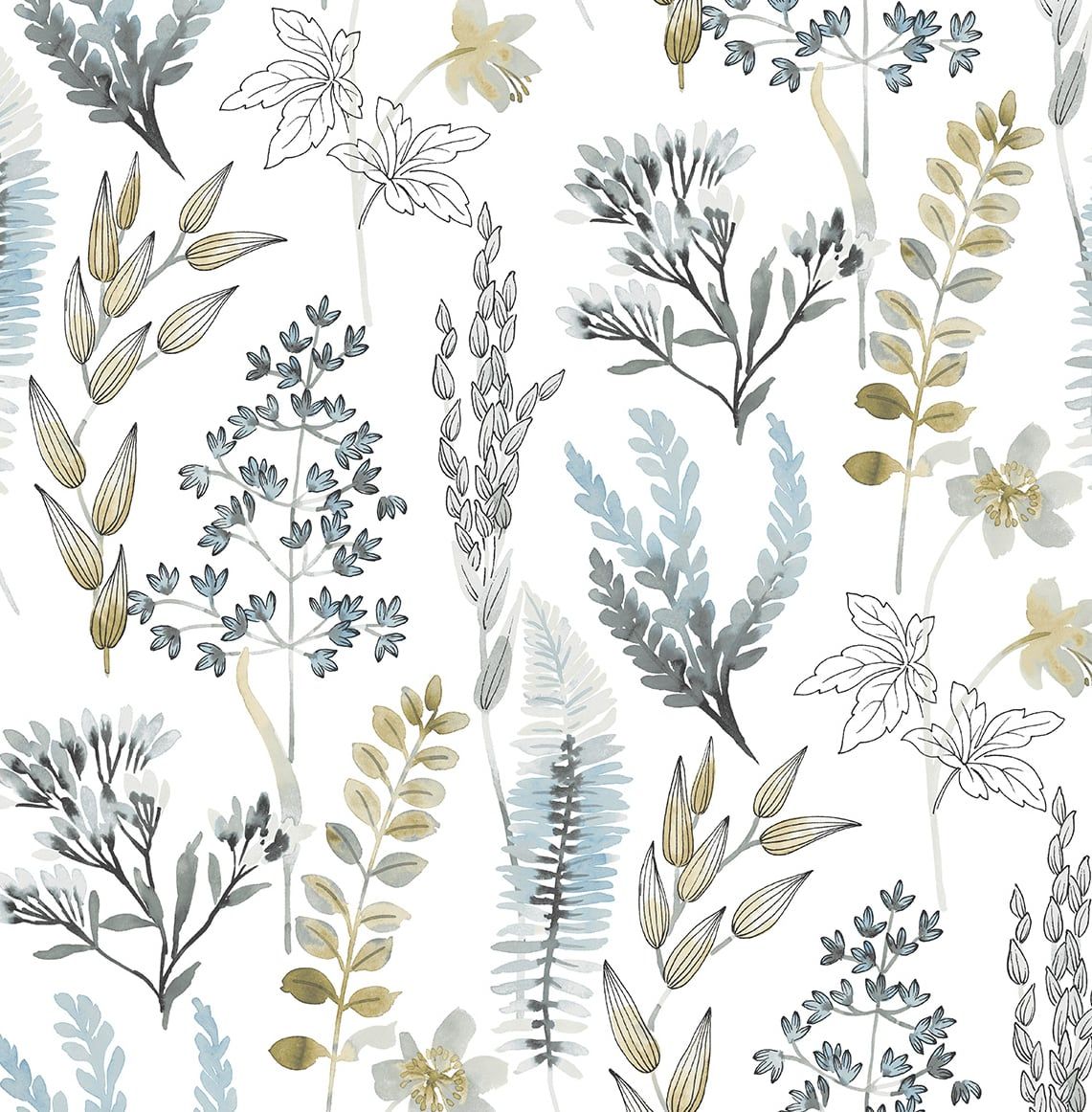 1141x1162 Wild Garden Peel And Stick Wallpaper In Glacier Blue & Matte Brass