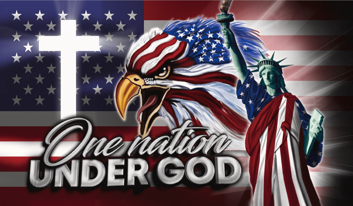 1200x702 One Nation Under God Flag or Banner 3'x5' Eagle, Cross, Statue of Liberty