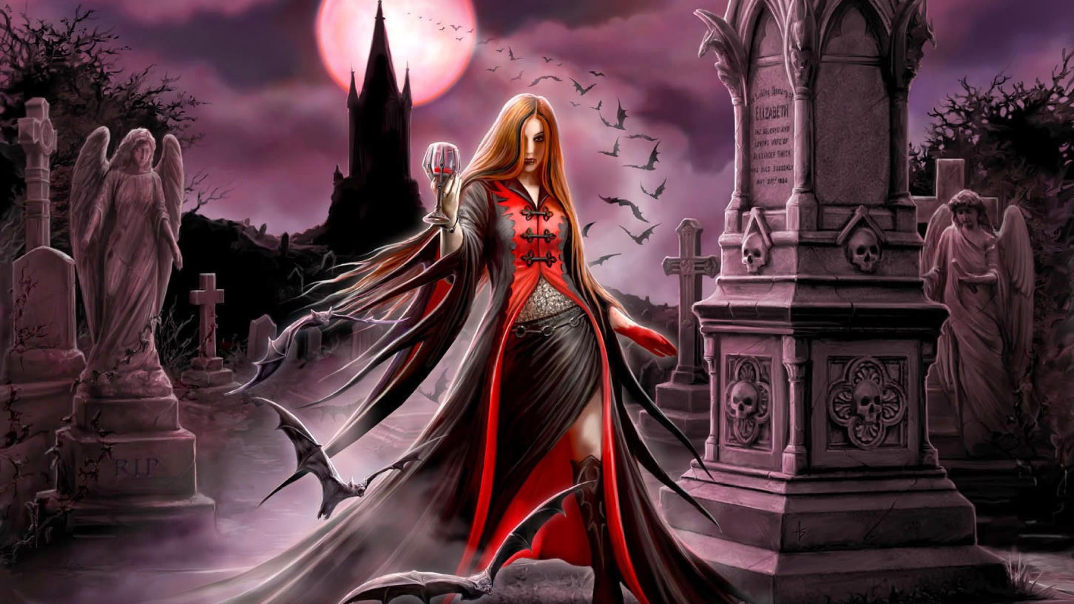 2160x1215 Female character wearing red and black dress wallpaper, vampires, fantasy art, artwork HD wallpaper