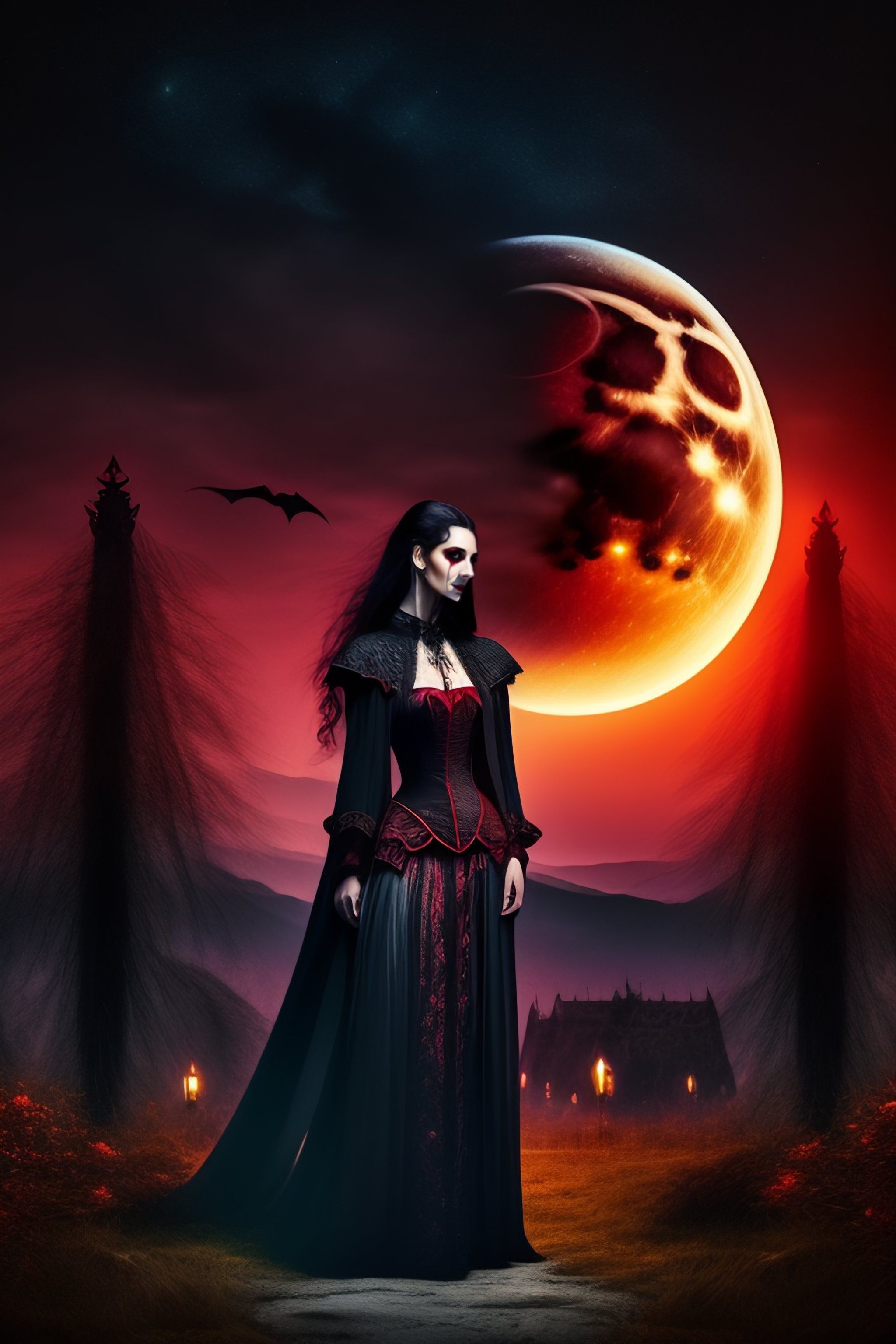 2048x3072 Lexica's Lover, Vampire Woman, Blood Moon Background, Graveyard, Transylvania, Romanian, Bat Like Features, Tattered Dress, Dark Nighttime