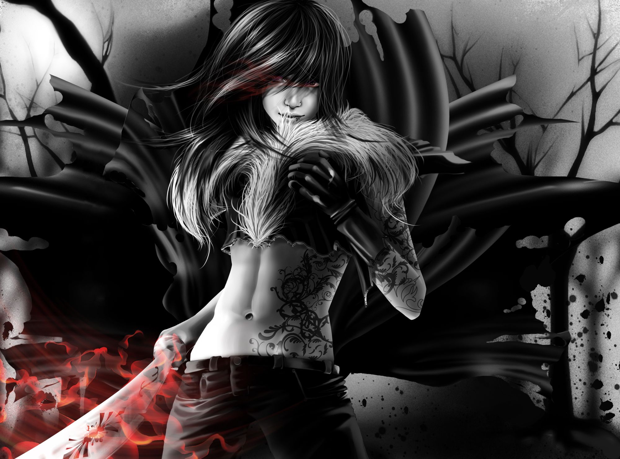 2000x1483 Wallpaper girl, pattern, sword, piercing, tattoo, art, tattoo, gloves for mobile and desktop, section фантастика, resolution 2000x1483