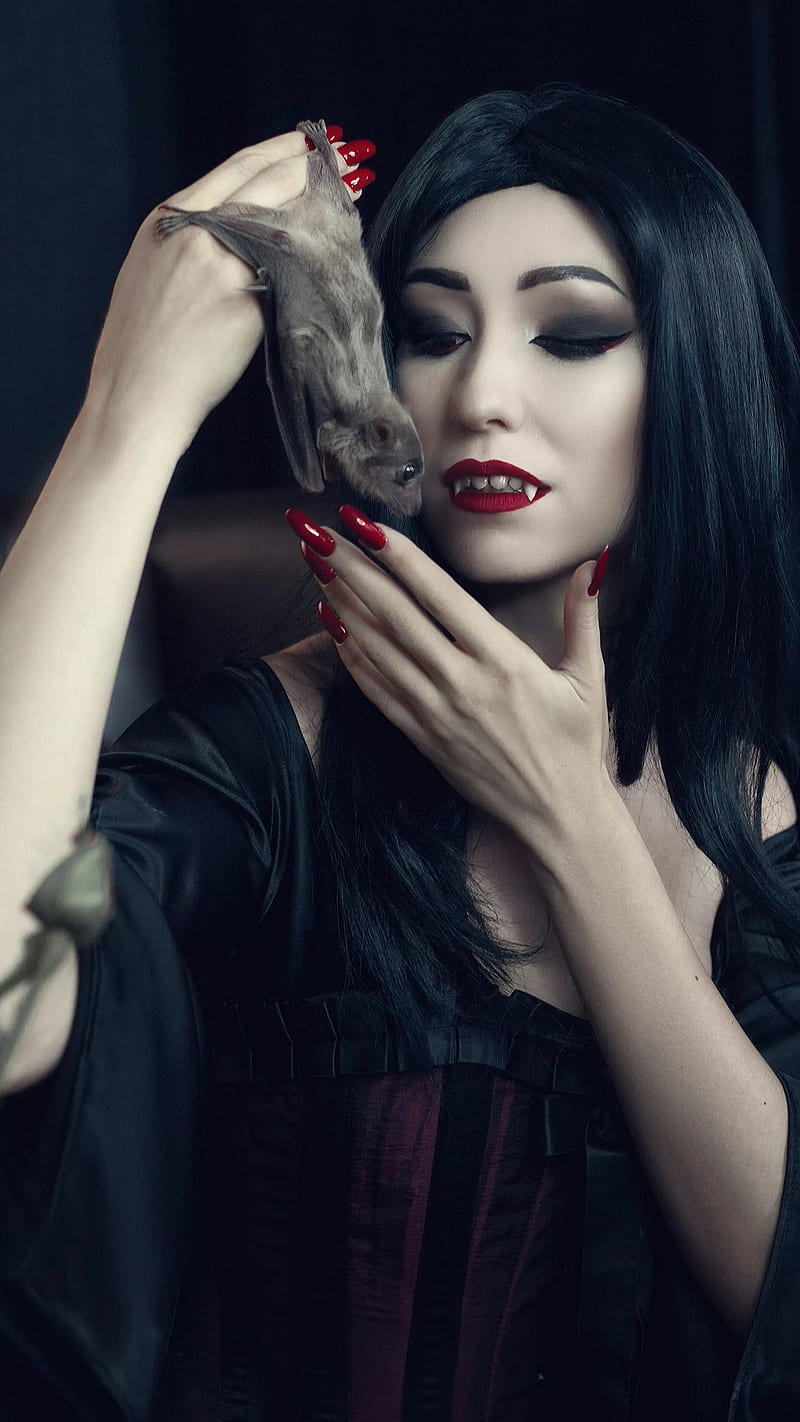800x1422 Vampire, bath, black hair, dracoula, female, female vampire, red lips, red nails, HD phone wallpaper