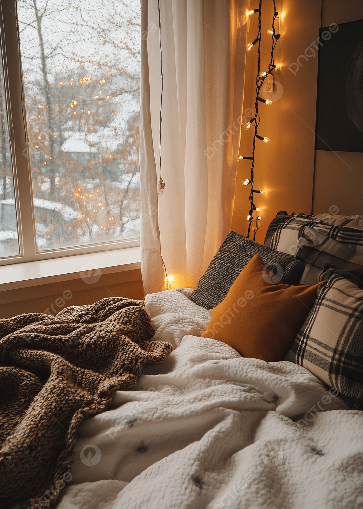 1200x1680 Cozy Winter Bedroom Decorated With String Lights Warm Blanket And Window View Background Wallpaper Image For Free Download