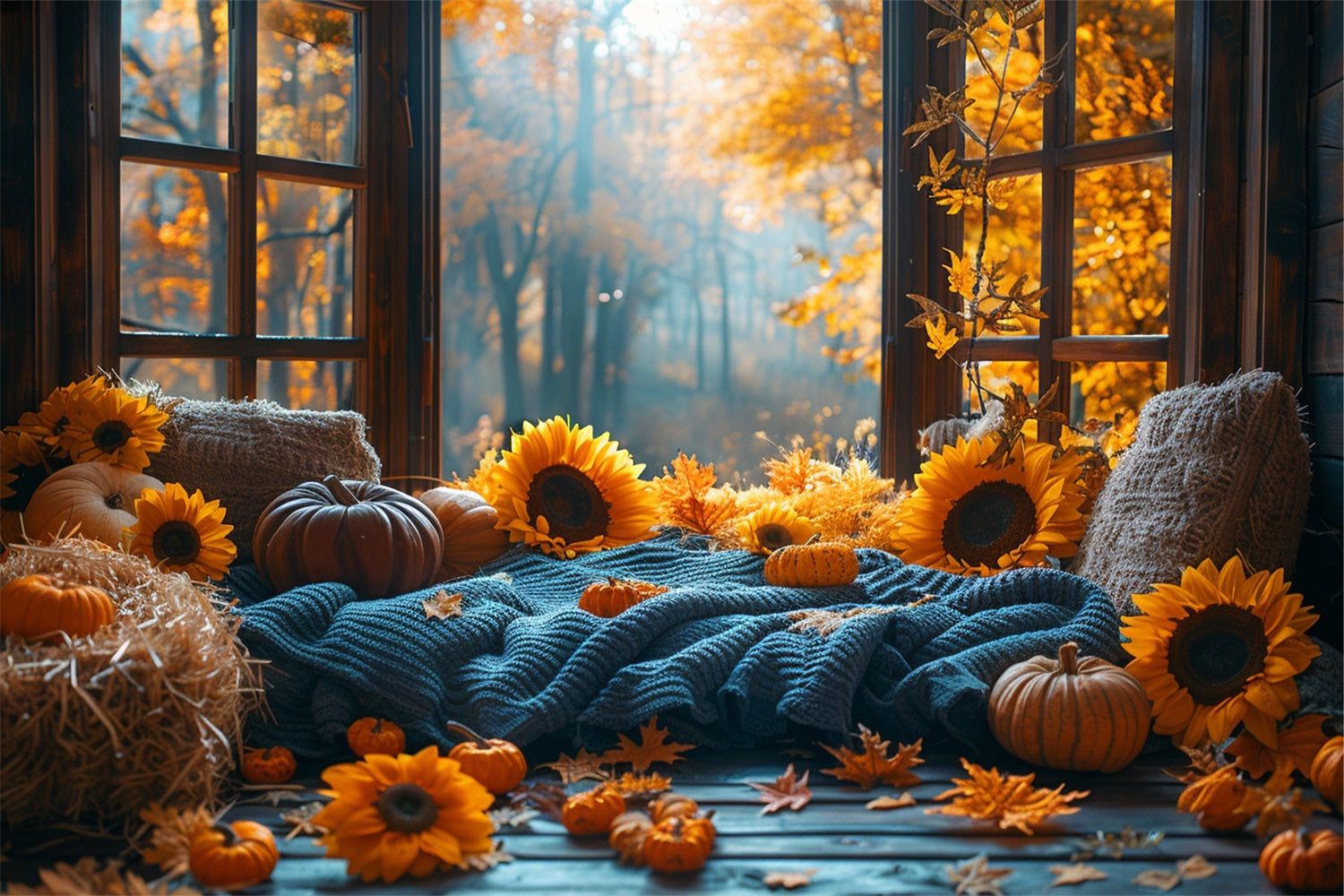 1500x1000 Warm Autumn Sunflower Pumpkin Cozy Window Backdrop BRP9 205