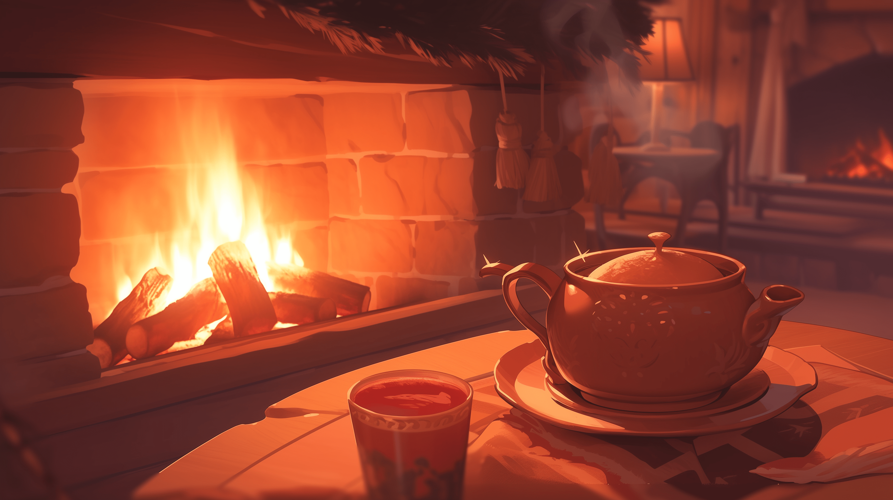 2912x1632 Cozy Fireplace Tea Time HD Wallpaper