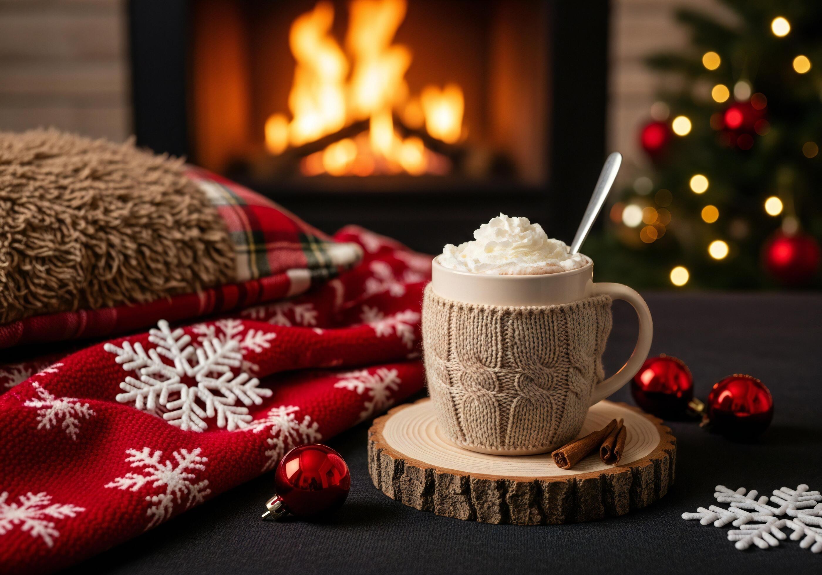 2800x1960 Christmas background, Christmas wallpaper, Cozy hot chocolate topped with whipped cream sitting by a warm fireplace and decorated Christmas tree