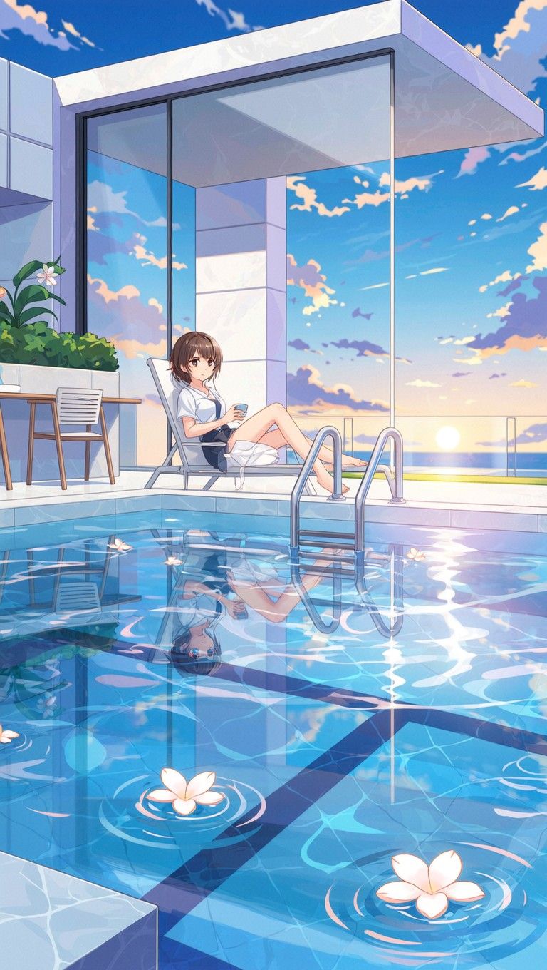 768x1360 Free Poolside Anime Sunset Image, Manga, Illustration