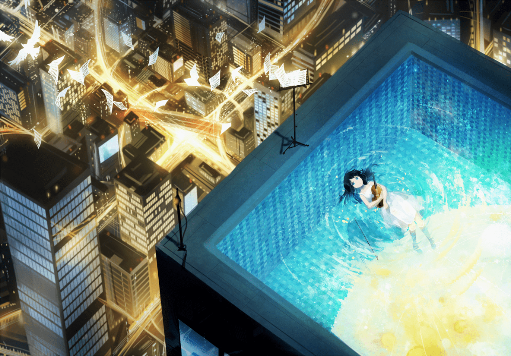 1694x1181 Blue Eyed Anime Bird Soars Over Luminous City Pool HD Wallpaper By Domikx1181