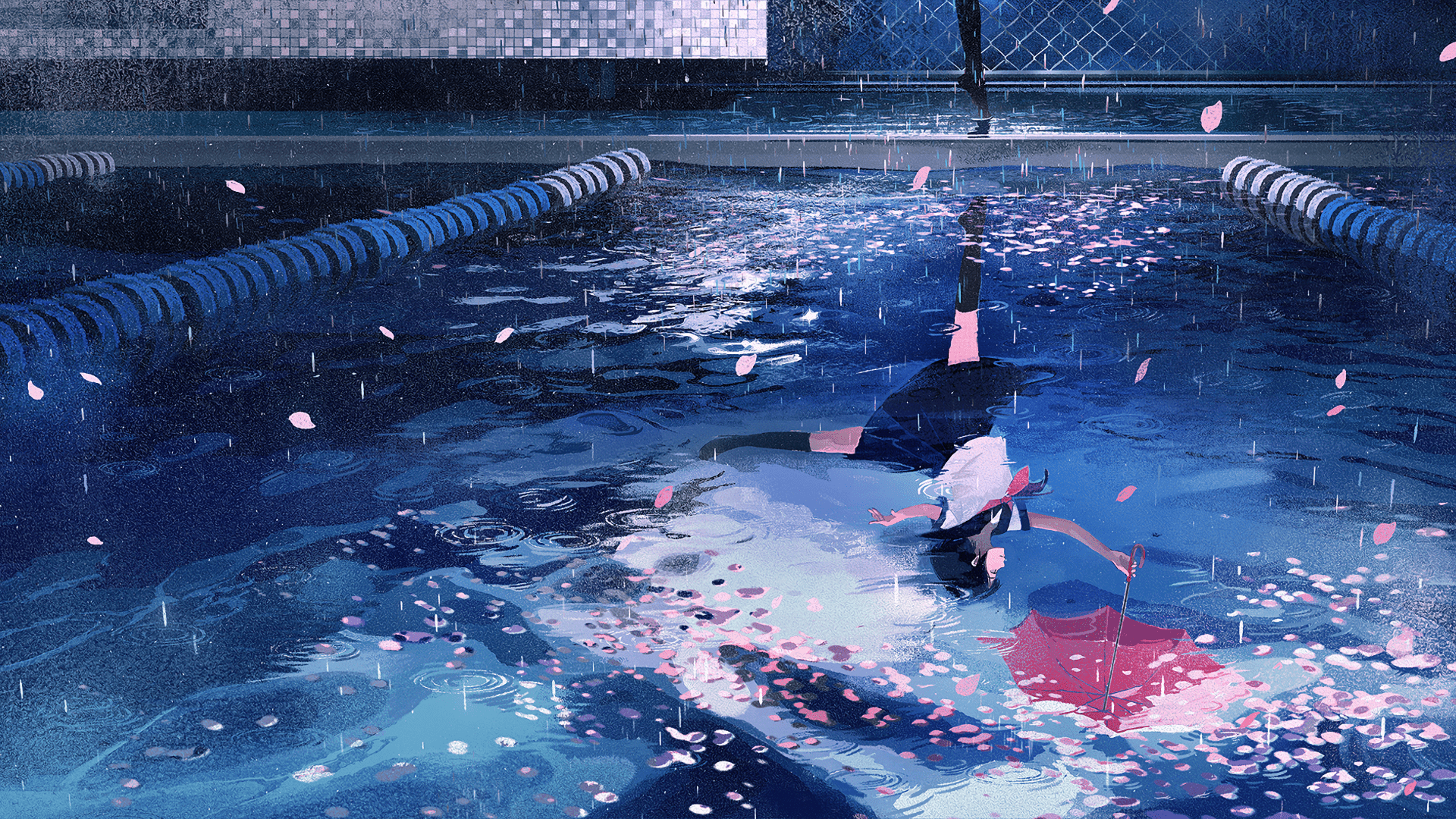 1920x1080 Elegant Anime HD Wallpaper: Serenity in a Rainy Pool