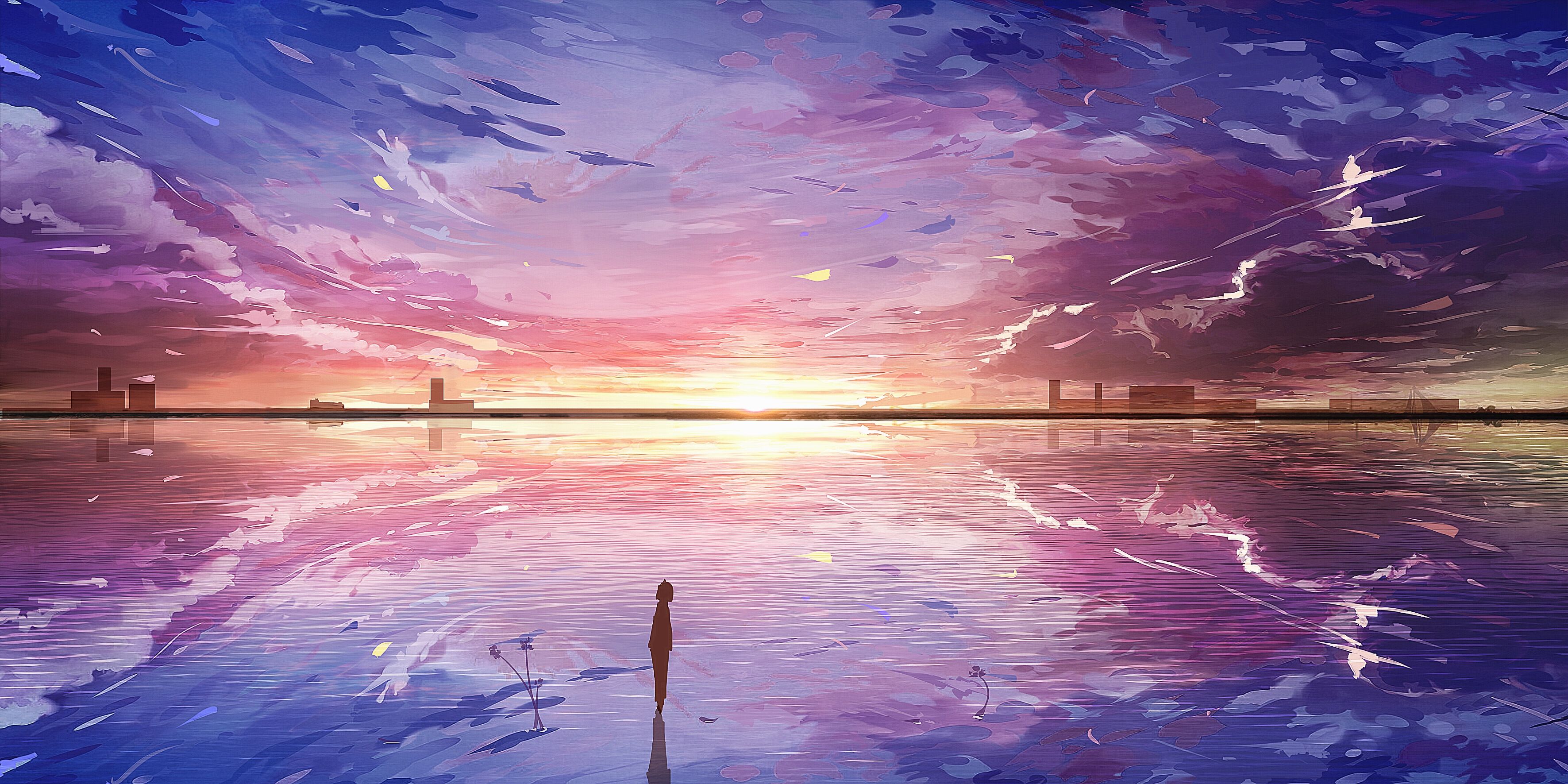 3543x1771 Wallpaper Person Standing on The Swimming Pool During Sunset, Background Free Image