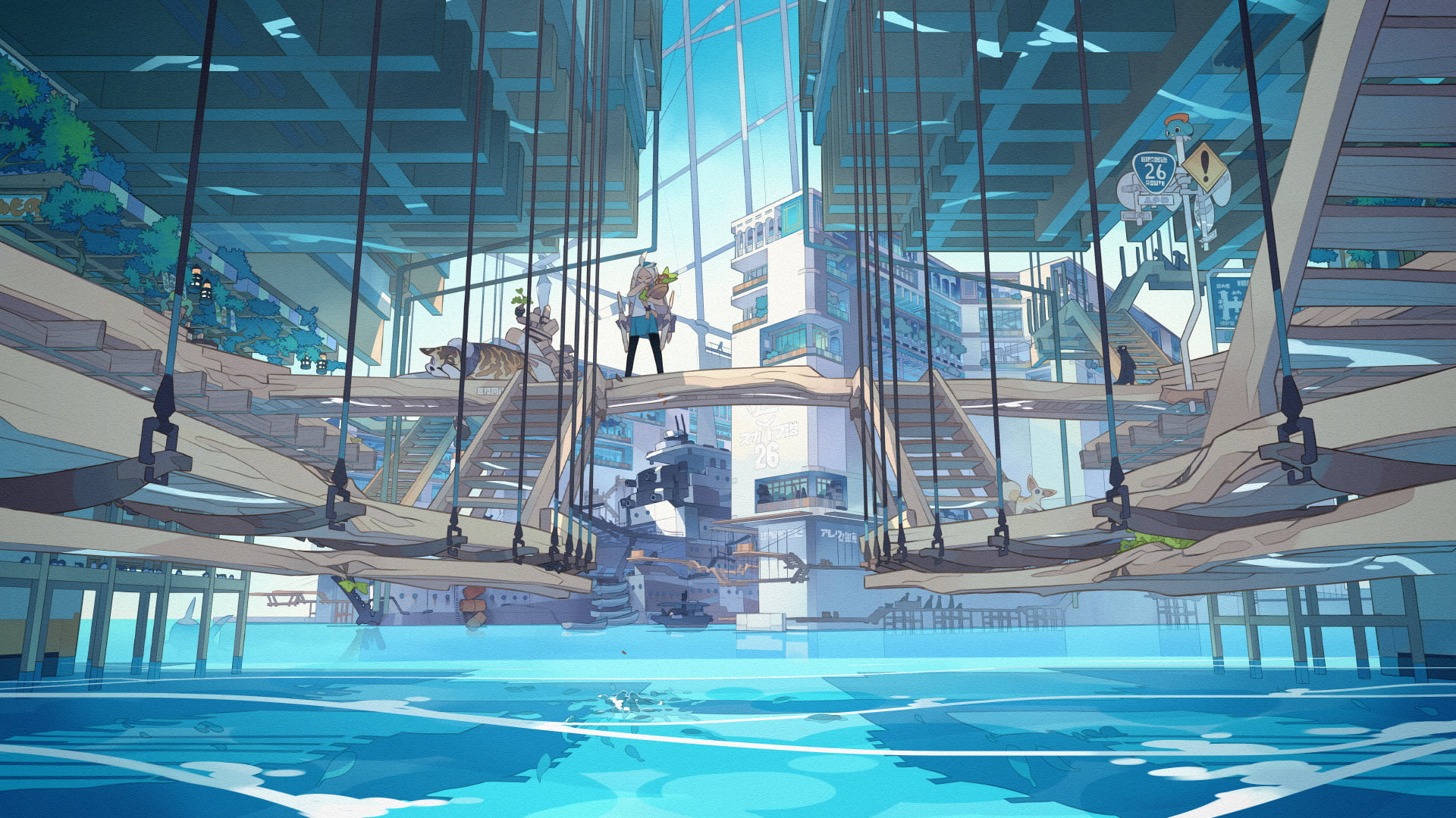 1920x1080 Black metal framed glass top table, anime, water, sky, landscape HD wallpaper