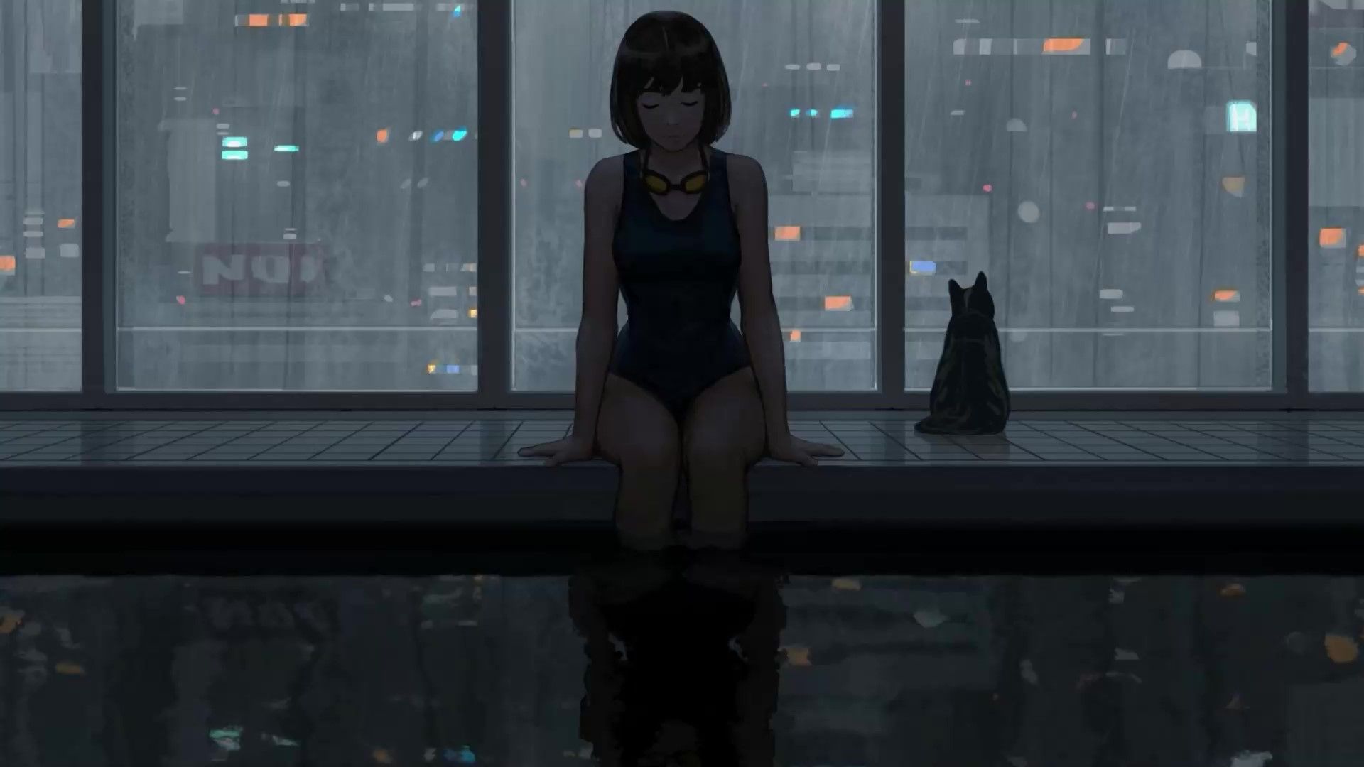 1920x1080 Anime Girl Pool With A Cityscape View Live Wallpaper