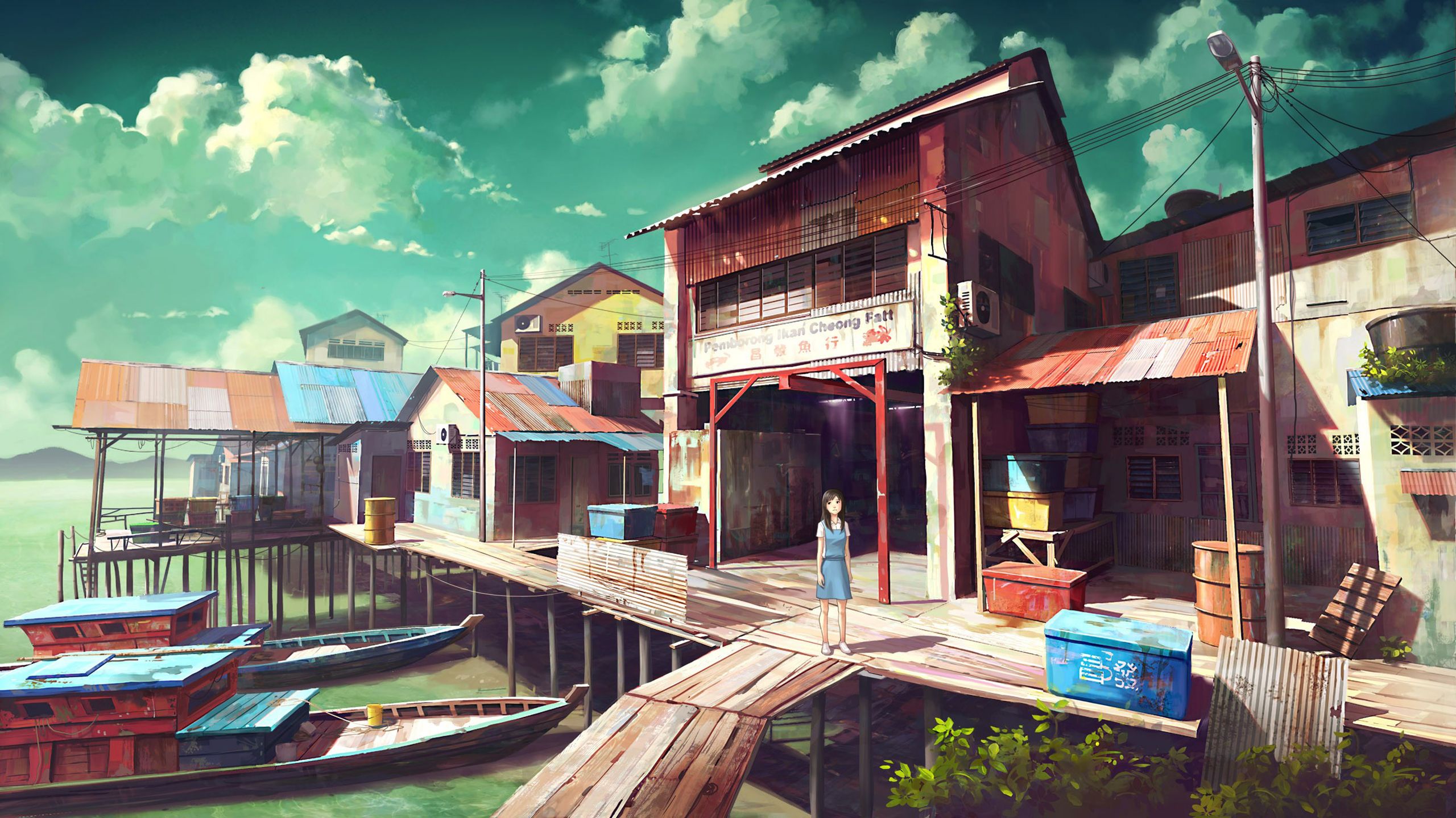 2560x1440 Desktop wallpaper: Anime, Original, City, Pool, Sky 4K free download for PC. 877507