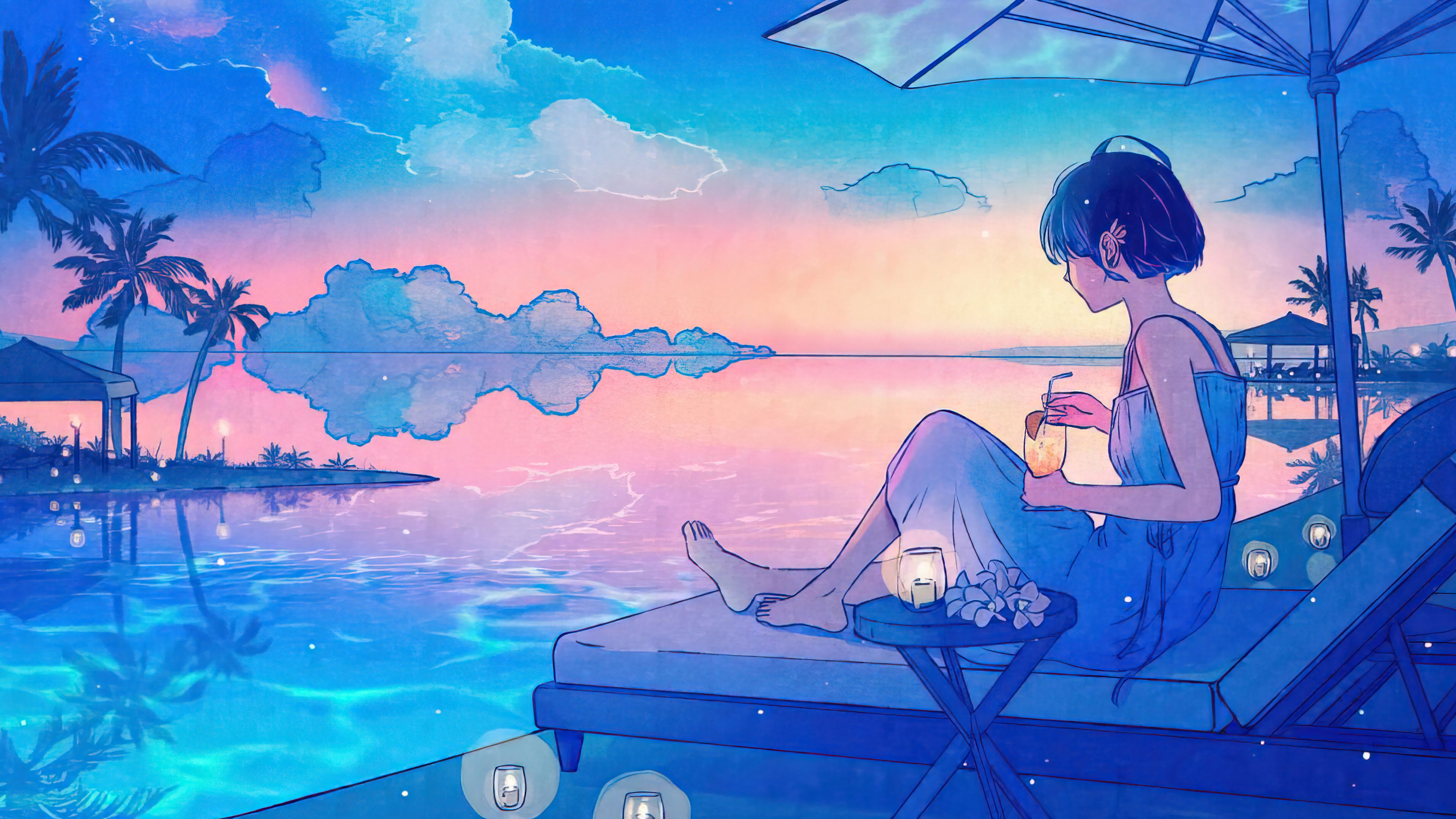 3840x2160 Anime Girl Beach Resort Wallpaper 4K HD PC h