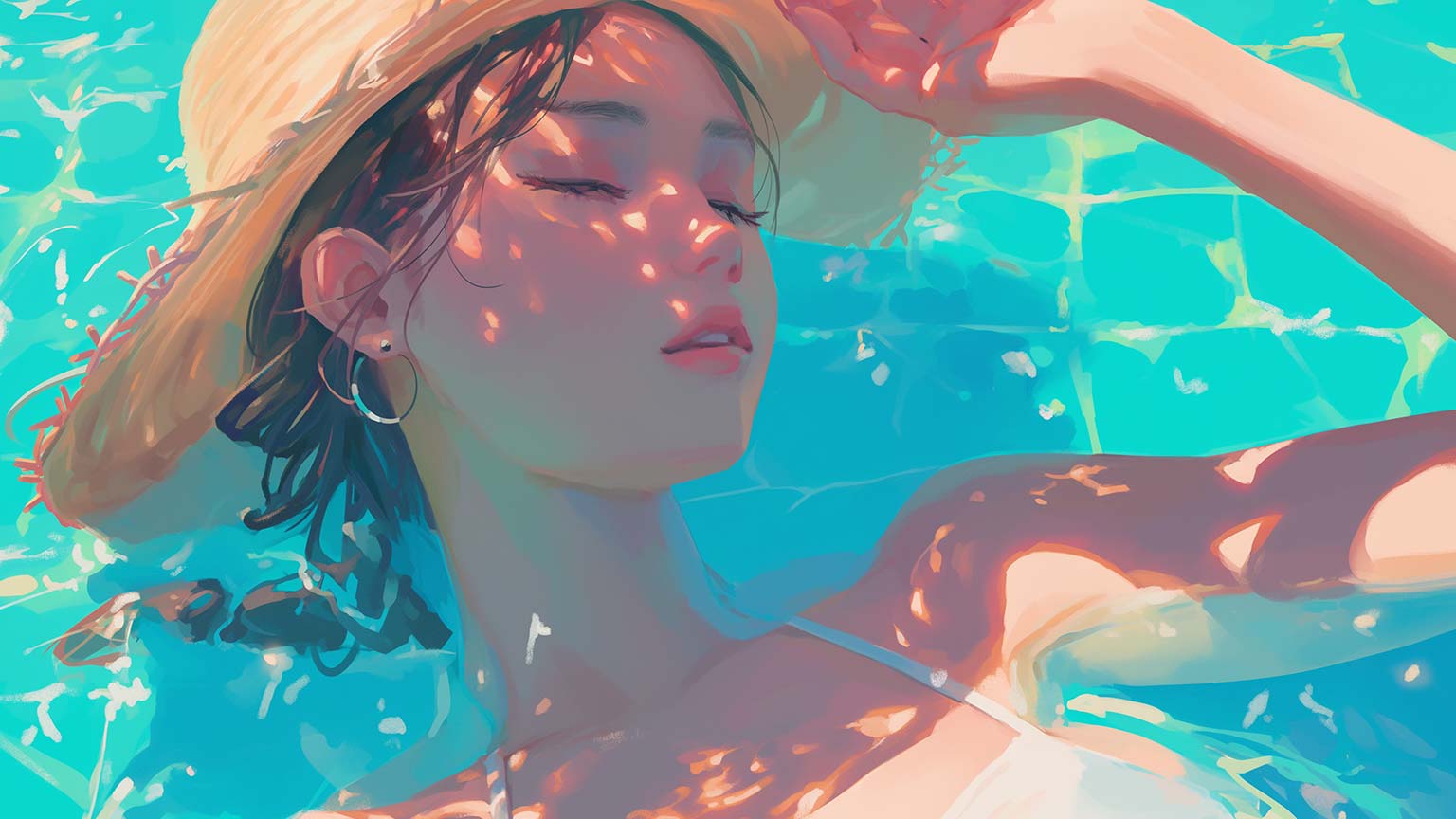 1536x864 Summer Anime Girl Pool Desktop Wallpaper Wallpaper 4k