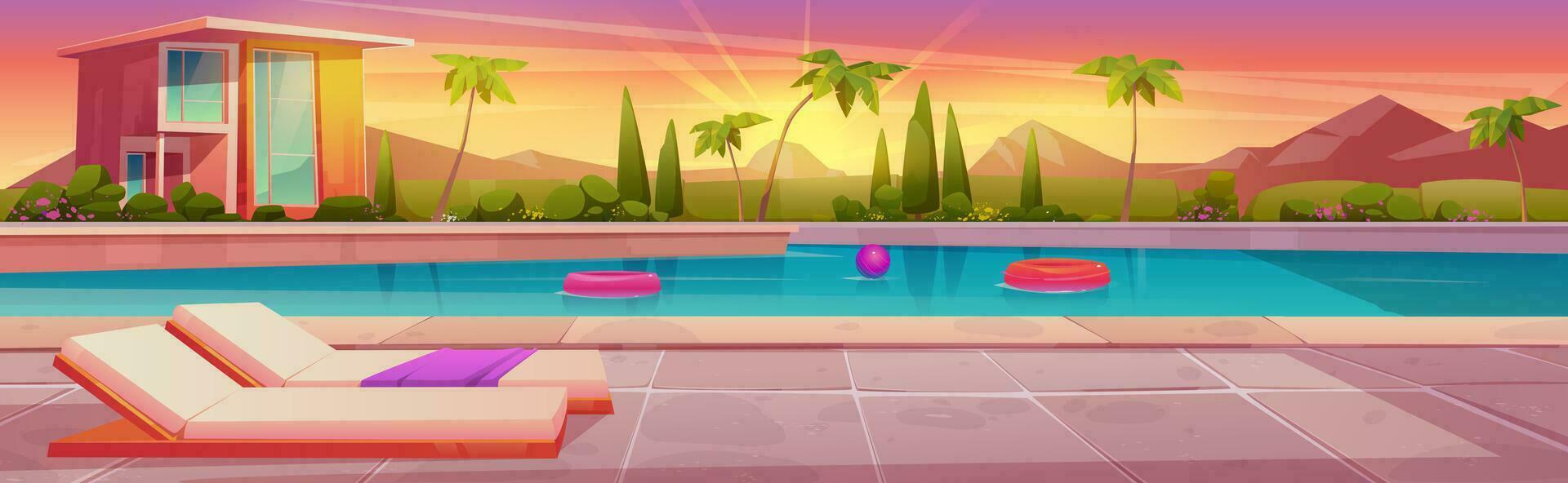 1920x592 Cartoon swimming pool near villa at sunset