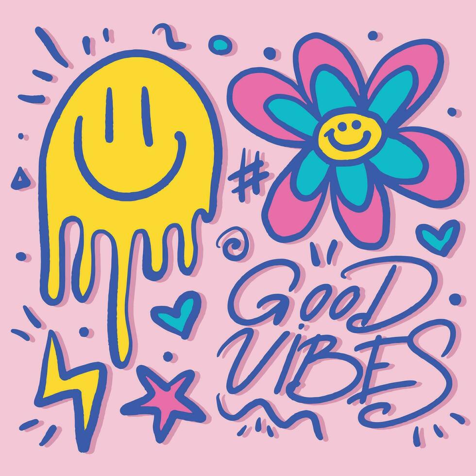 980x980 Good Vibes lettering retro colorful Wallpaper with yellow smile face and flower on the pink Background. 90s style. Print for graphic tee, bomber. Vector illustration