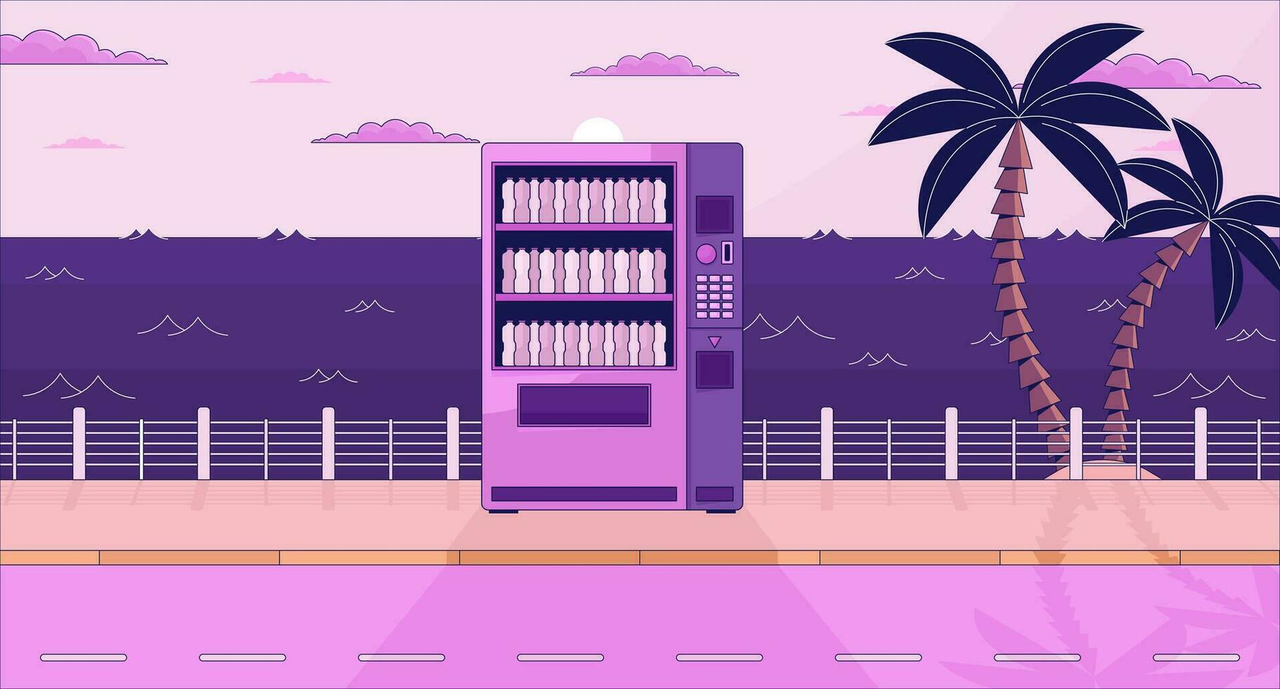 1820x980 Drink vending machine on dusk waterfront lo fi aesthetic wallpaper. Beverage automat on sundown quay 2D vector cartoon landscape illustration, purple lofi background. 90s retro album art, chill vibes 28000079 Vector Art